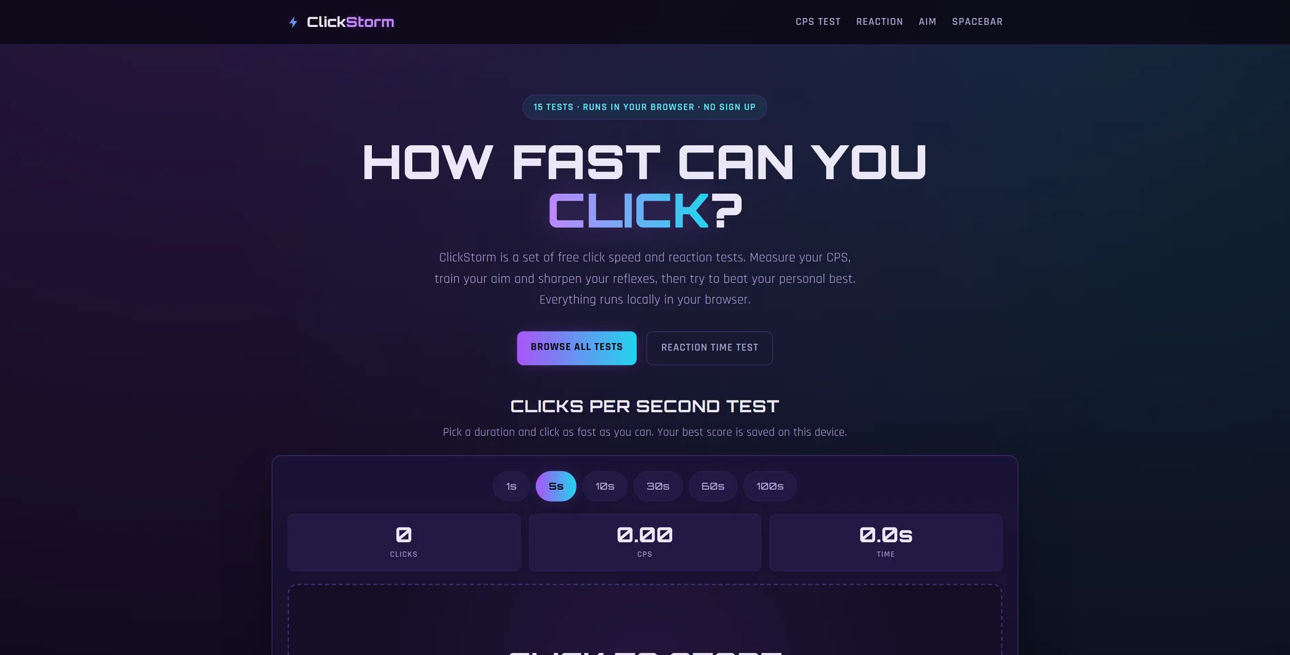 ClickStorm, klik- en reflextests website ontworpen door Fusionstudios