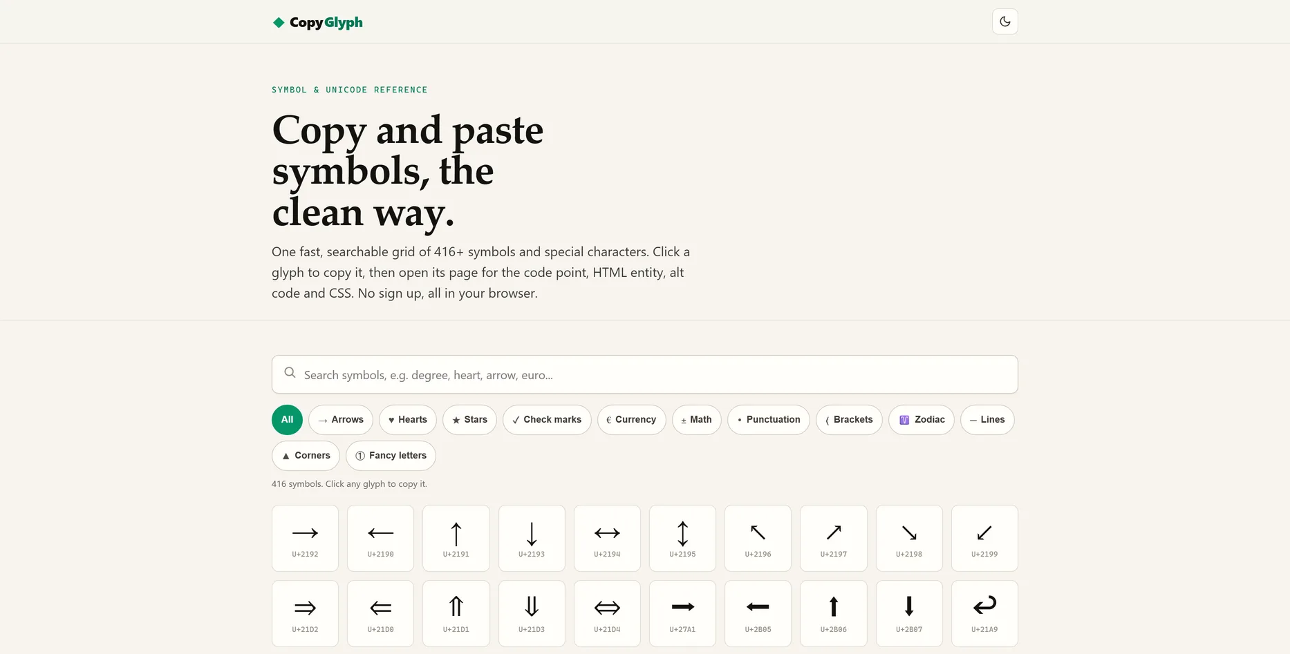 CopyGlyph, unicode-referentie website ontworpen door Fusionstudios