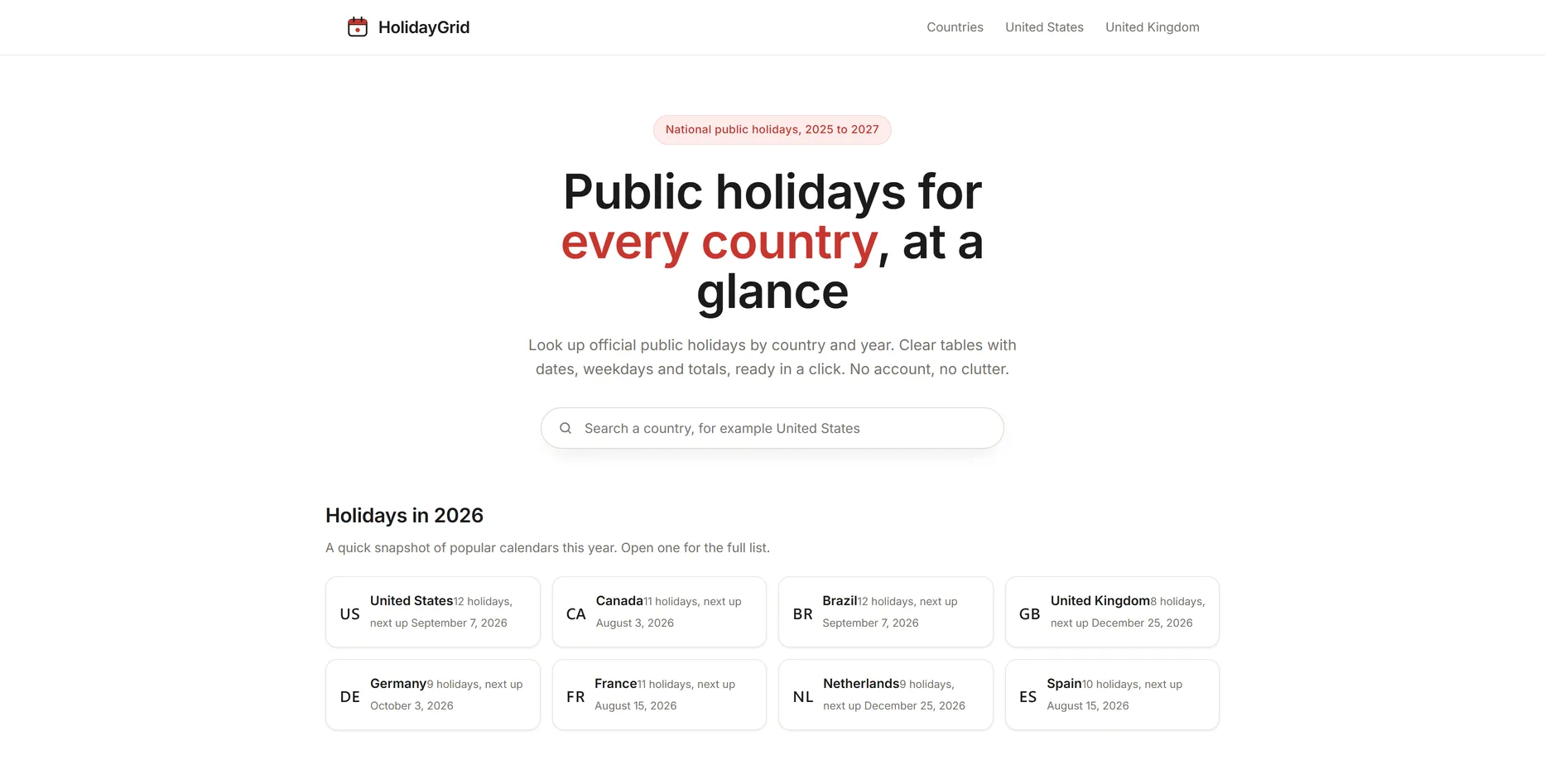 HolidayGrid, feestdagenkalender website ontworpen door Fusionstudios