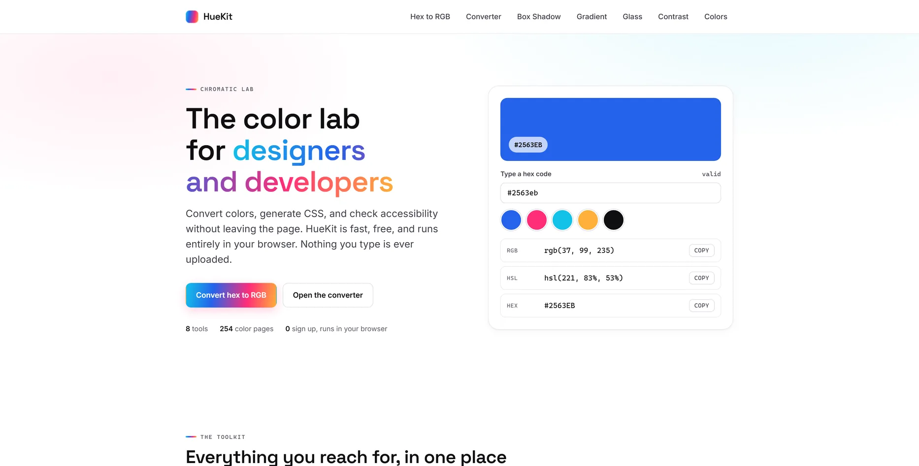 HueKit, kleur- en css-tools website ontworpen door Fusionstudios
