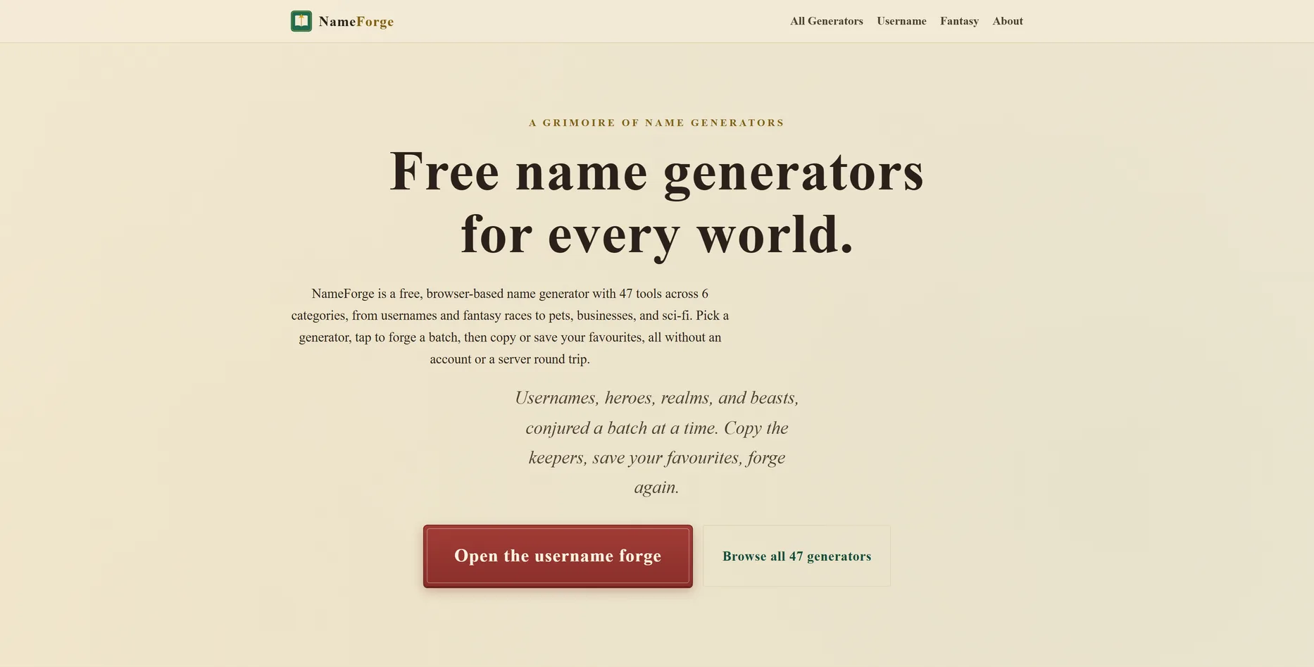 NameForge, naamgeneratoren website ontworpen door Fusionstudios