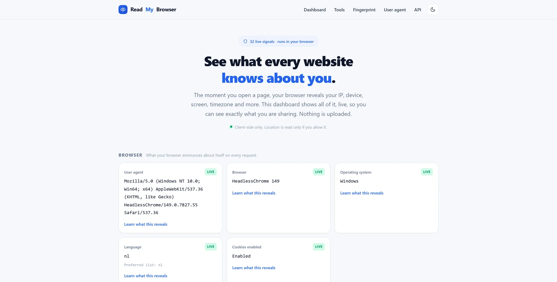 ReadMyBrowser, privacy- en browsertools website ontworpen door Fusionstudios