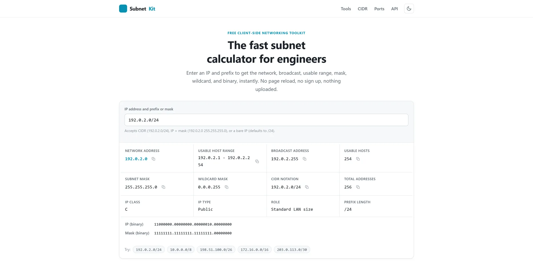 SubnetKit, netwerktools voor developers website ontworpen door Fusionstudios