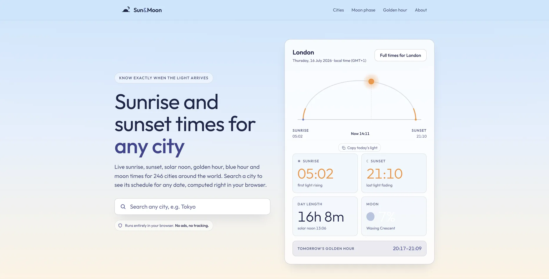 SunAndMoon, astronomische almanak website ontworpen door Fusionstudios