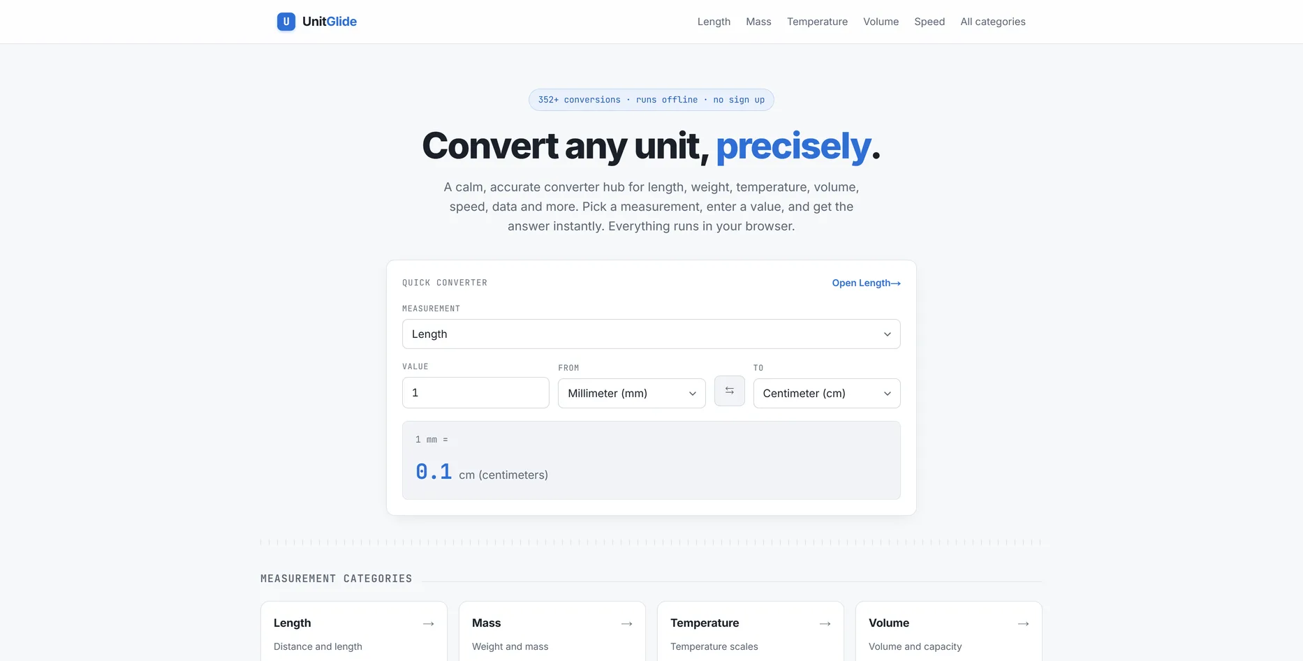 UnitGlide, eenheden omrekenen website ontworpen door Fusionstudios
