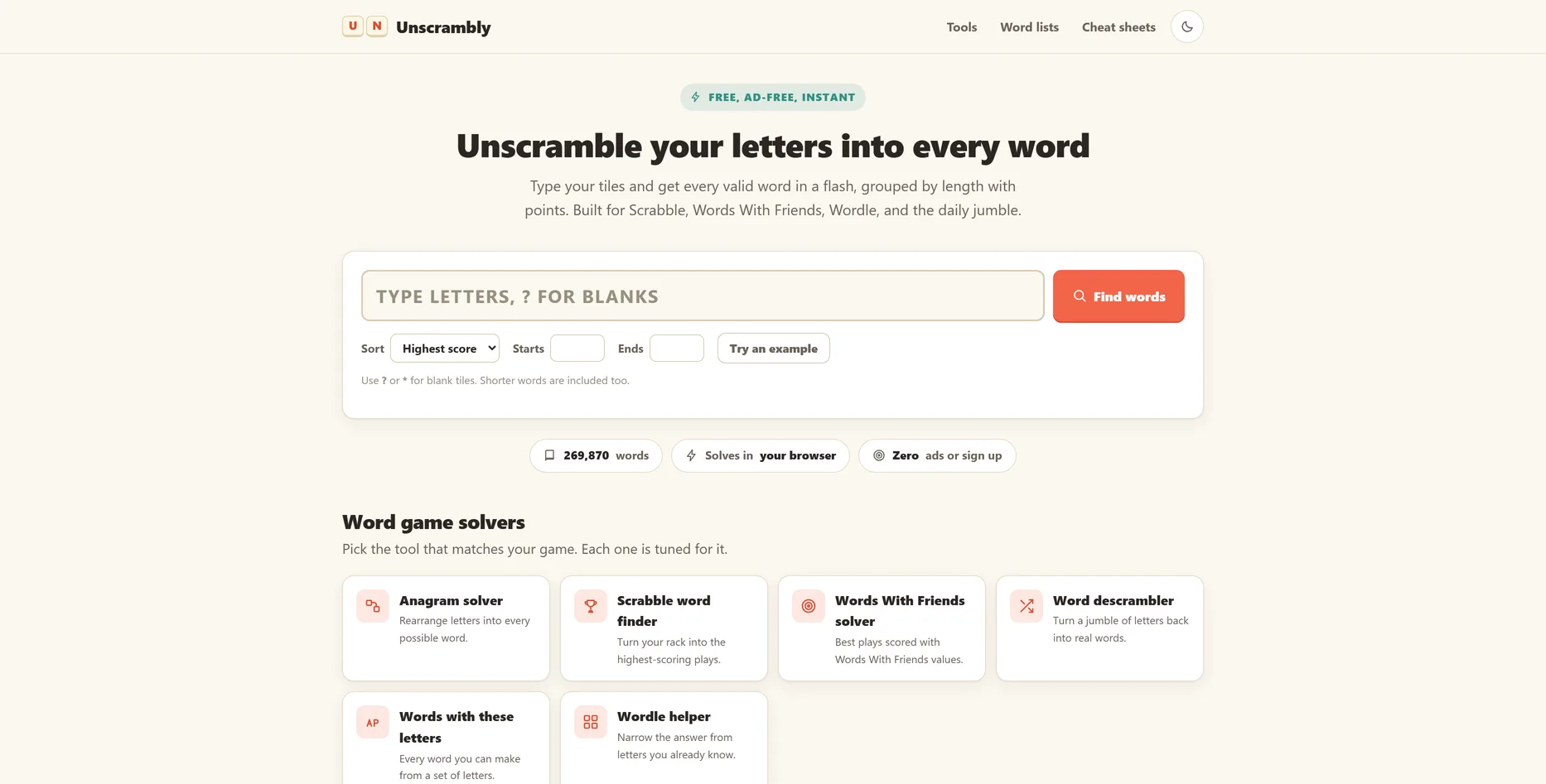 Unscrambly, woordspel-tools website ontworpen door Fusionstudios