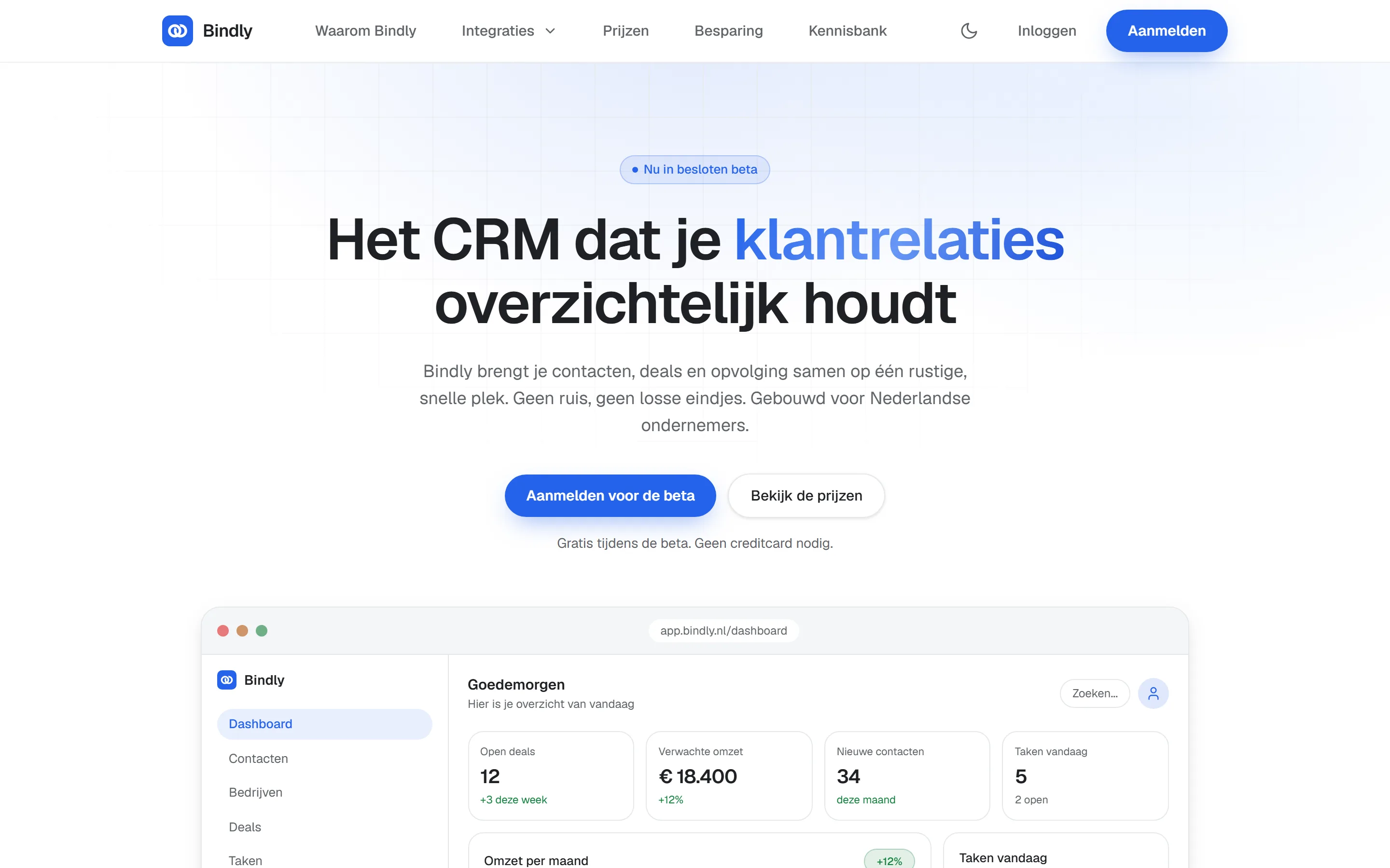 Homepage van Bindly op desktop, met het dashboard in beeld