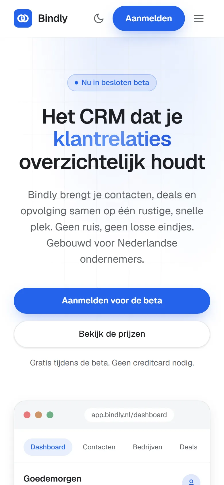 Homepage van Bindly op mobiel