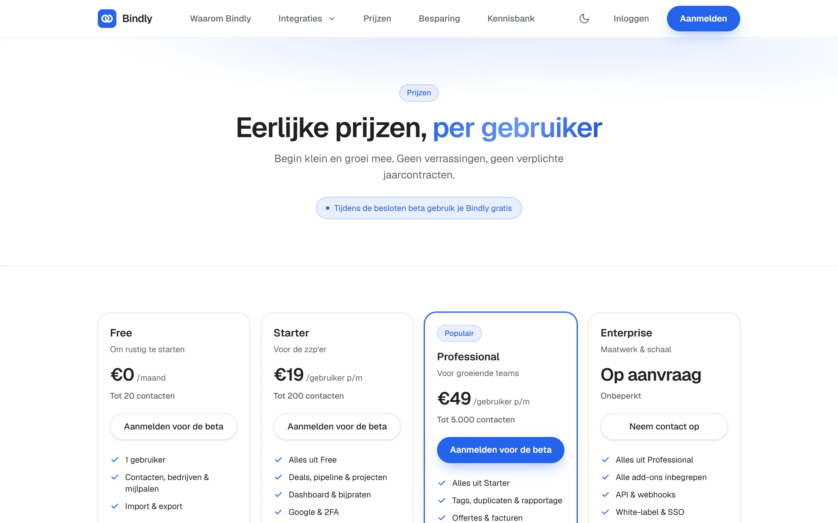 Prijzenpagina van Bindly op desktop