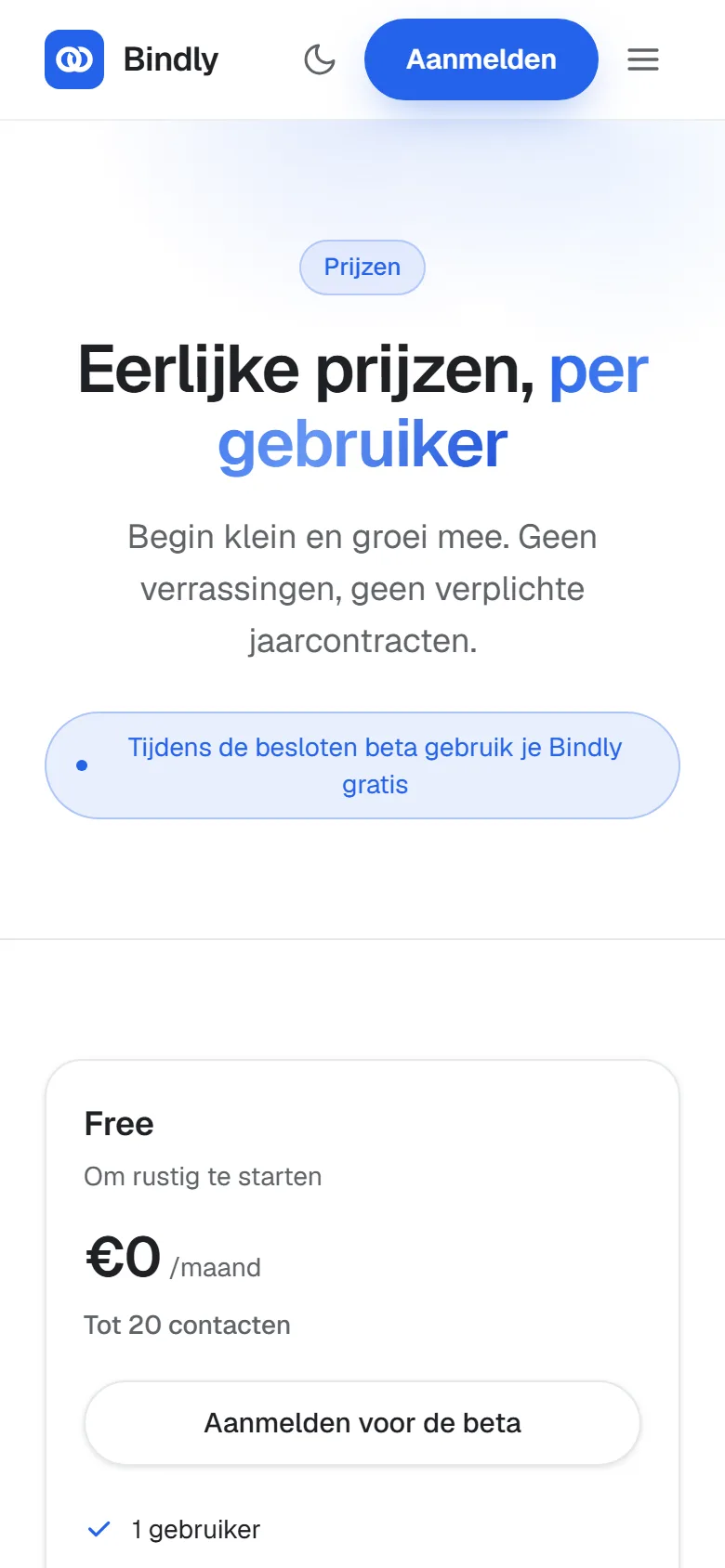 Prijzenpagina van Bindly op mobiel