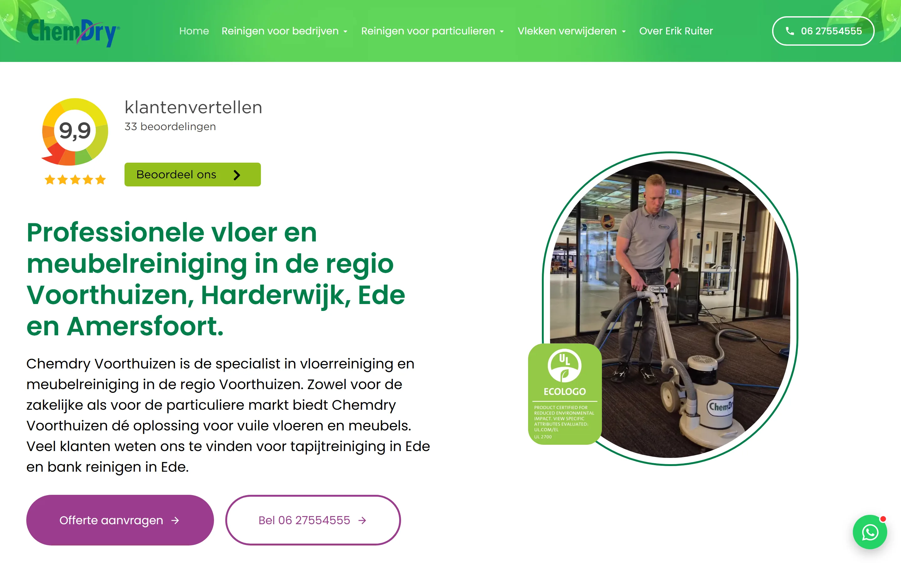 Homepage van Chemdry Voorthuizen op desktop