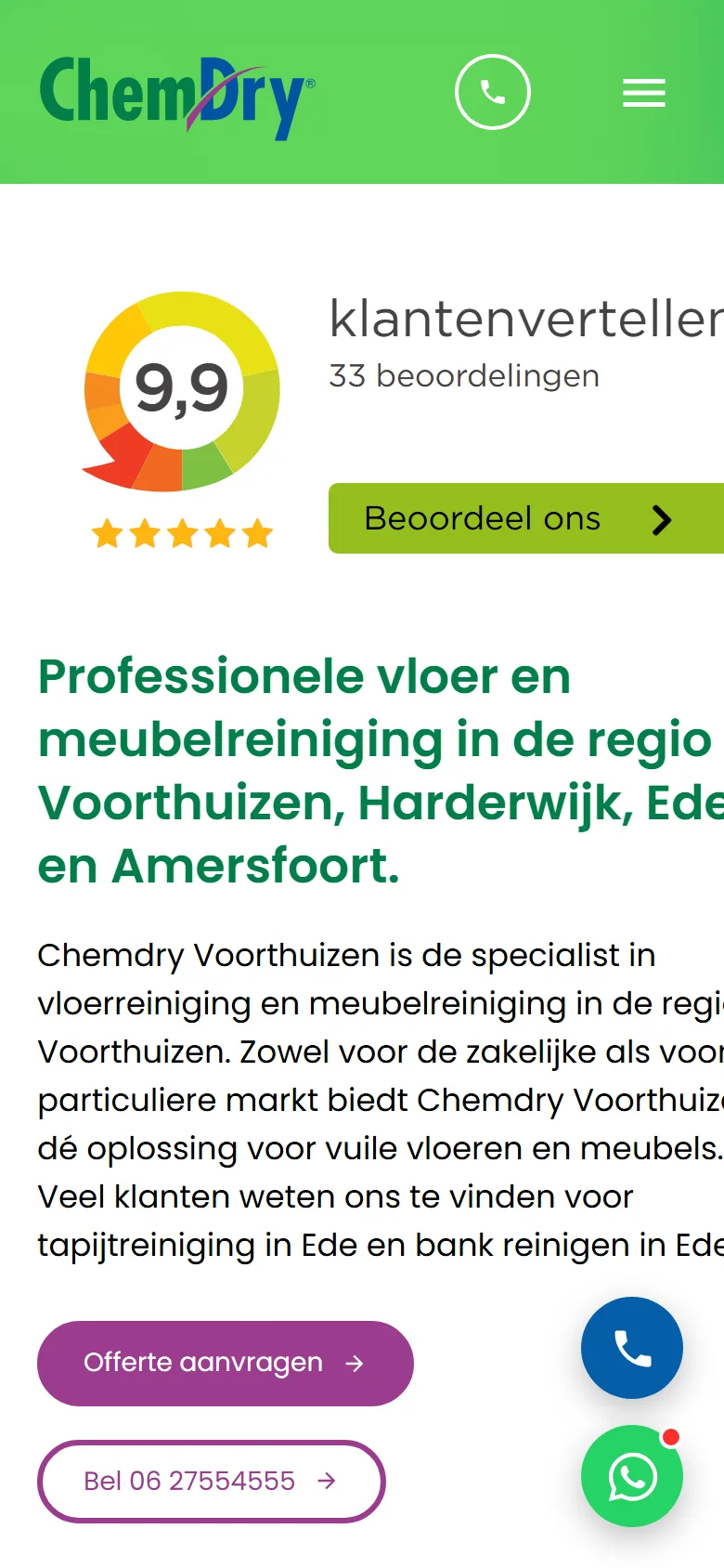 Homepage van Chemdry Voorthuizen op mobiel