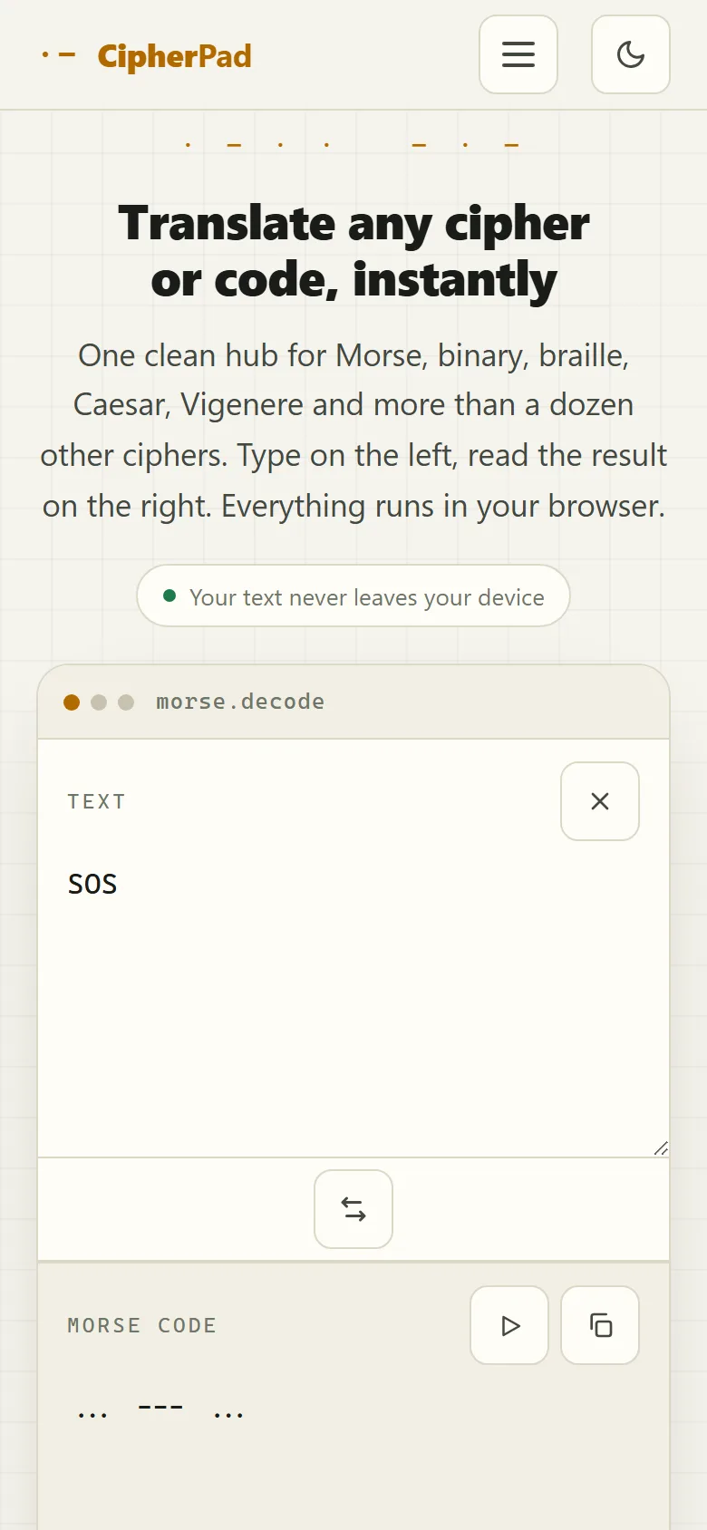 Homepage van CipherPad op mobiel
