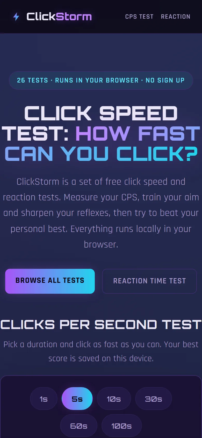 Homepage van ClickStorm op mobiel