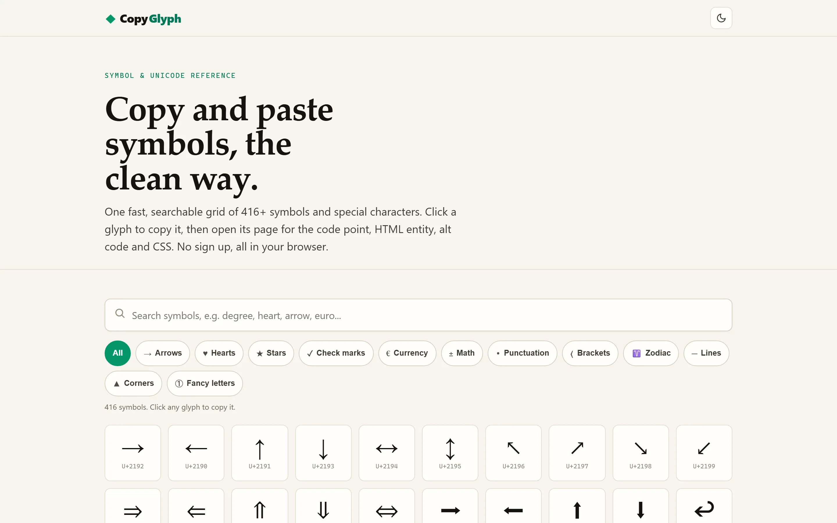 Homepage van CopyGlyph met zoekbalk en symbolenraster op desktop