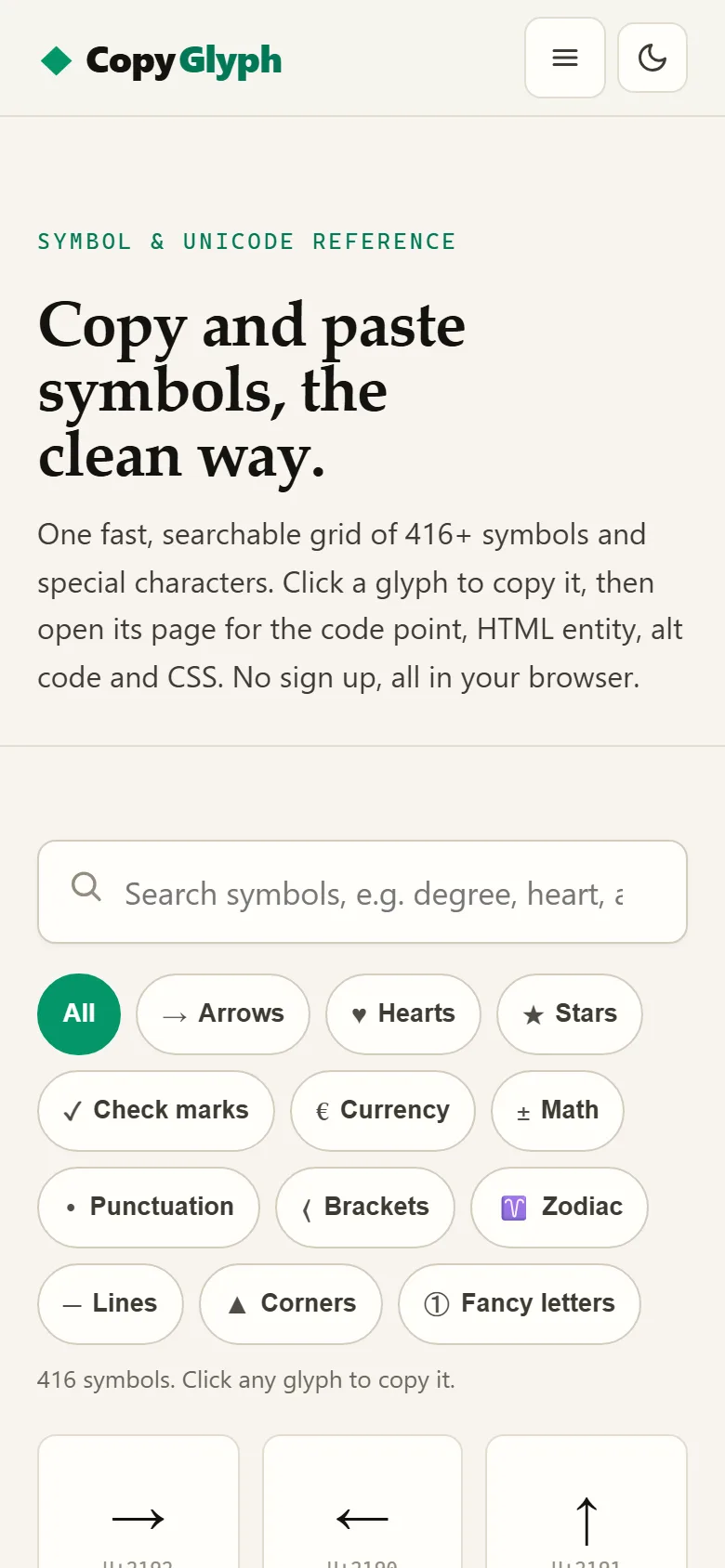 Homepage van CopyGlyph op mobiel
