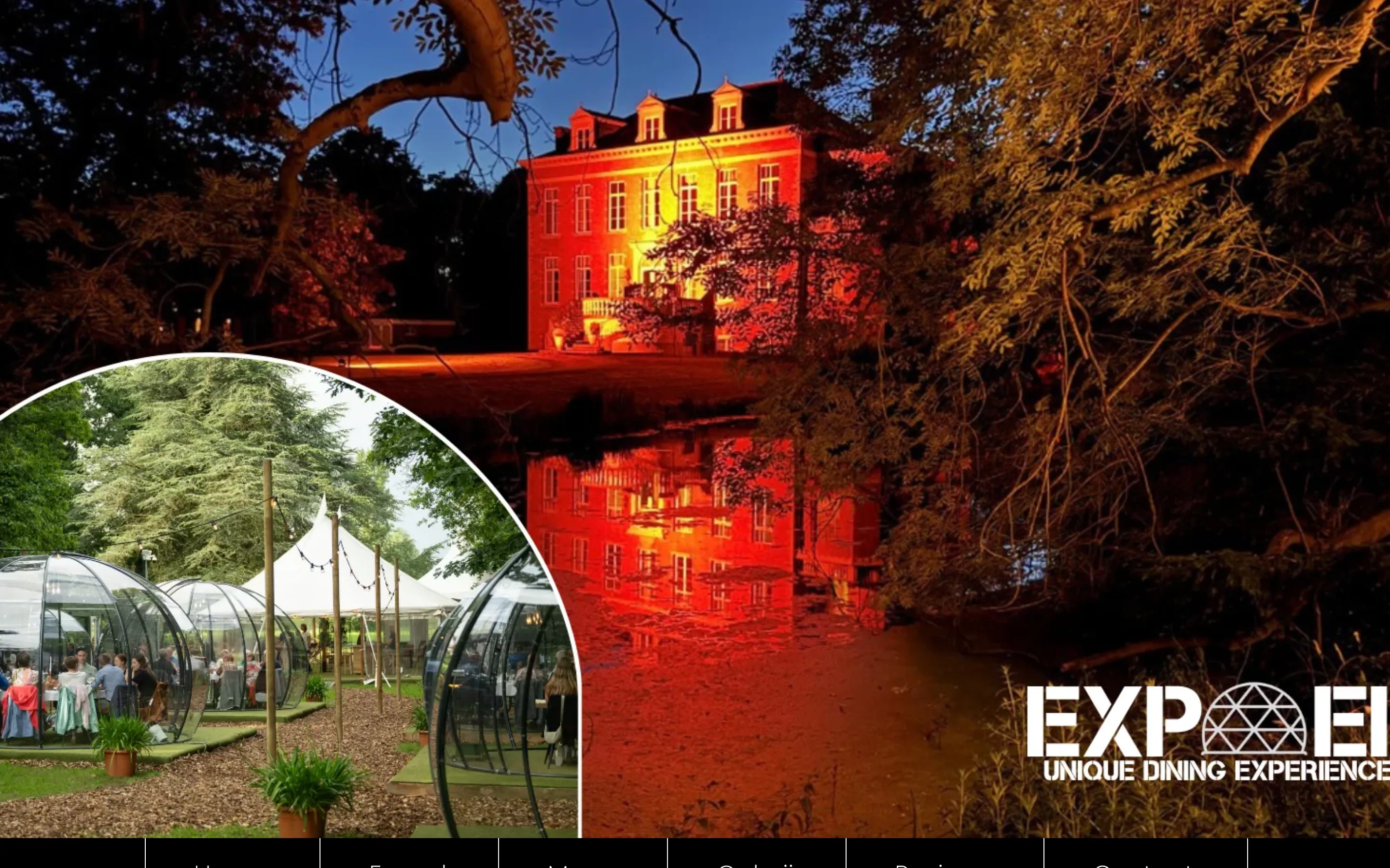 Homepage van Expoel Dining op desktop, met het verlichte kasteel en de dining domes