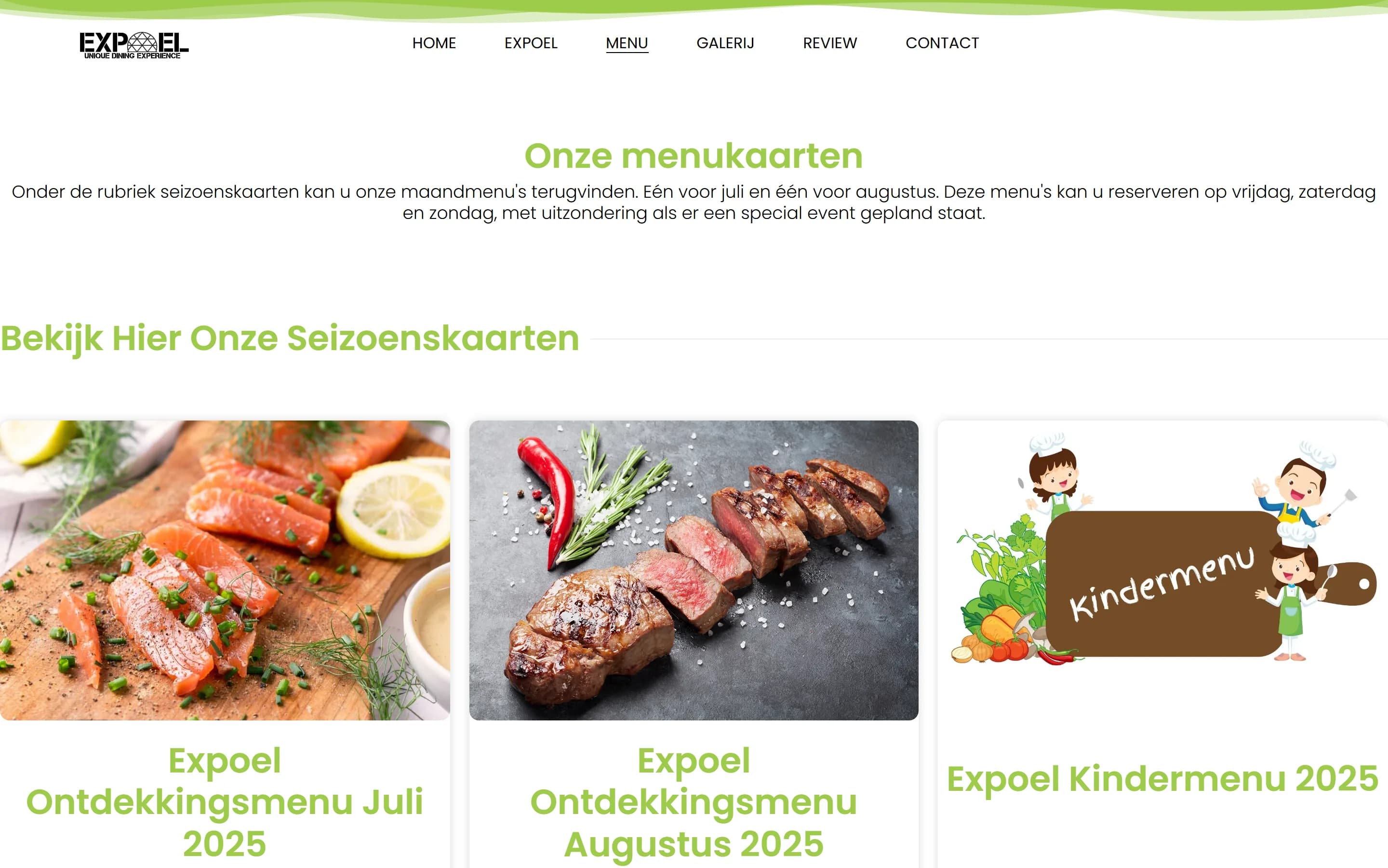 Menupagina van Expoel Dining op desktop