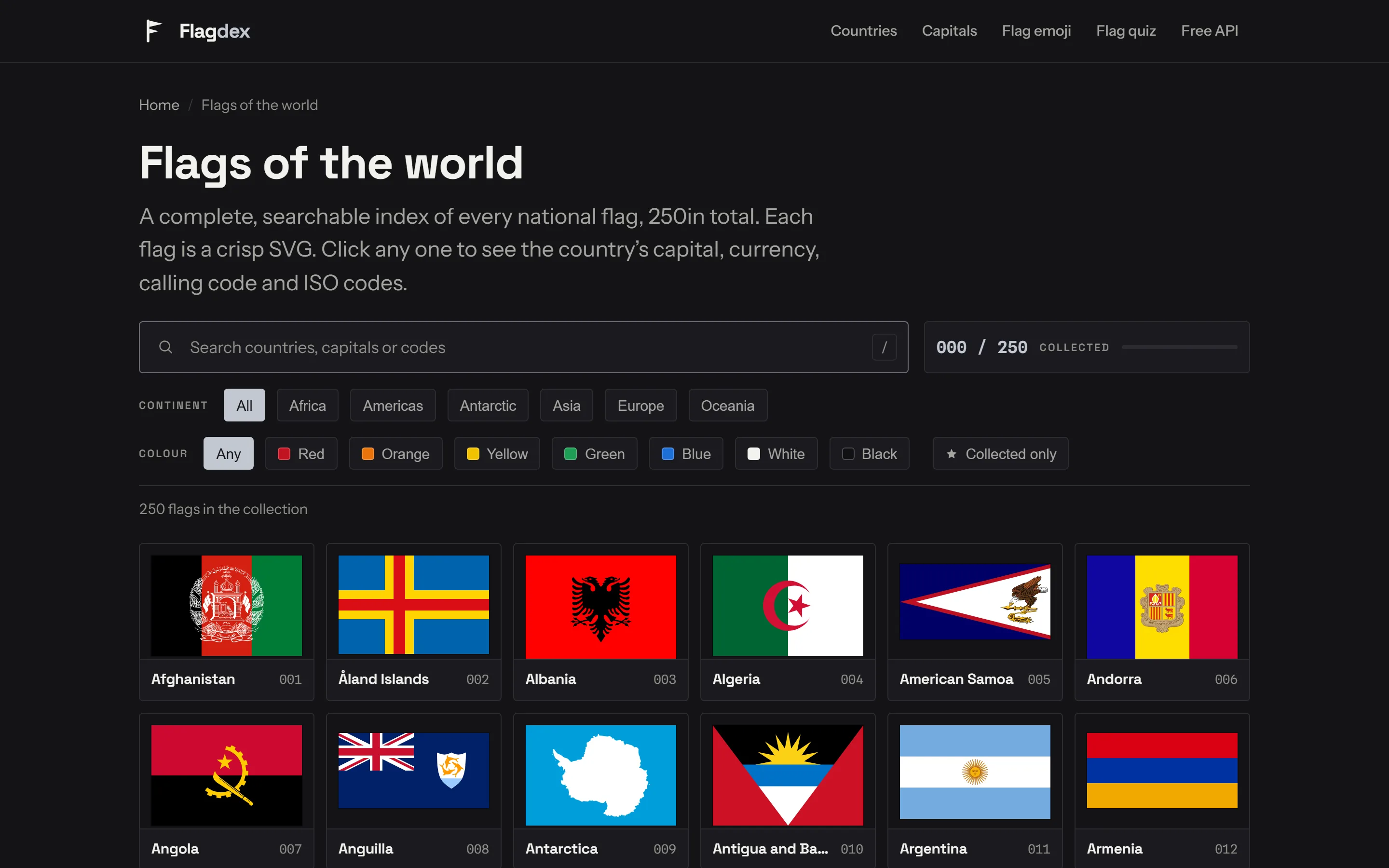 Overzichtspagina met alle vlaggen van de wereld op desktop
