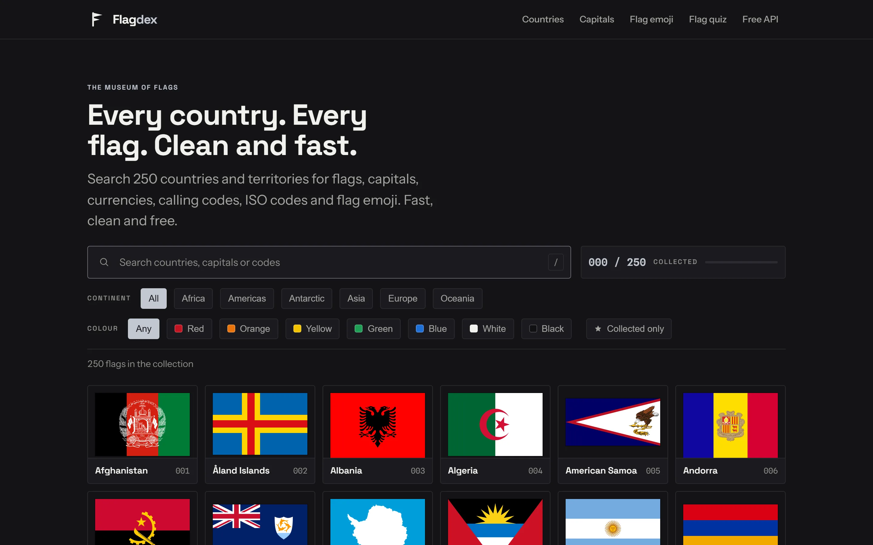 Homepage van Flagdex met zoekbalk en vlaggengalerie op desktop