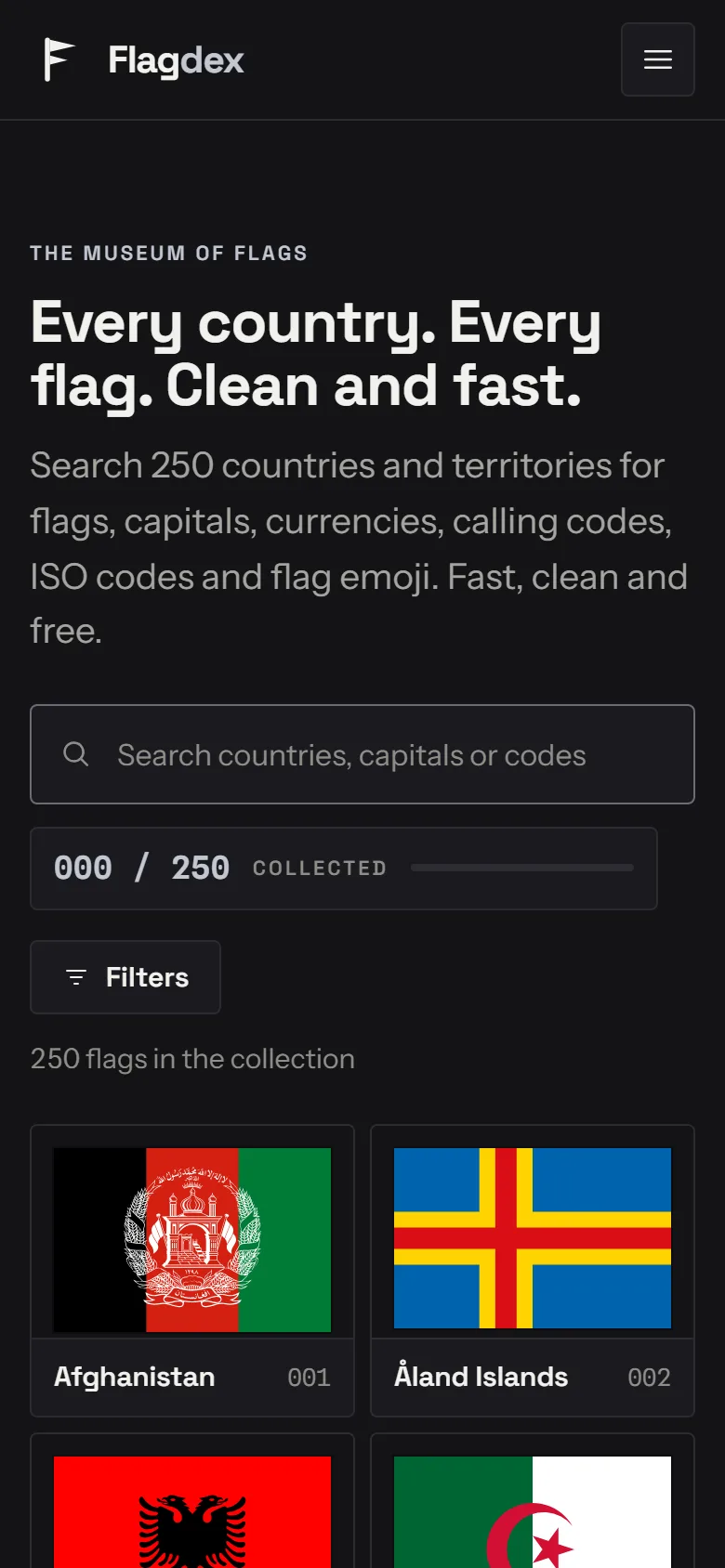 Homepage van Flagdex op mobiel