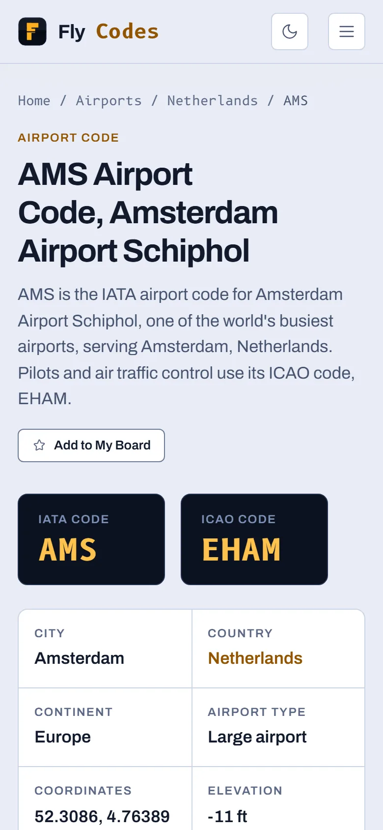 Luchthavenpagina van Schiphol op mobiel