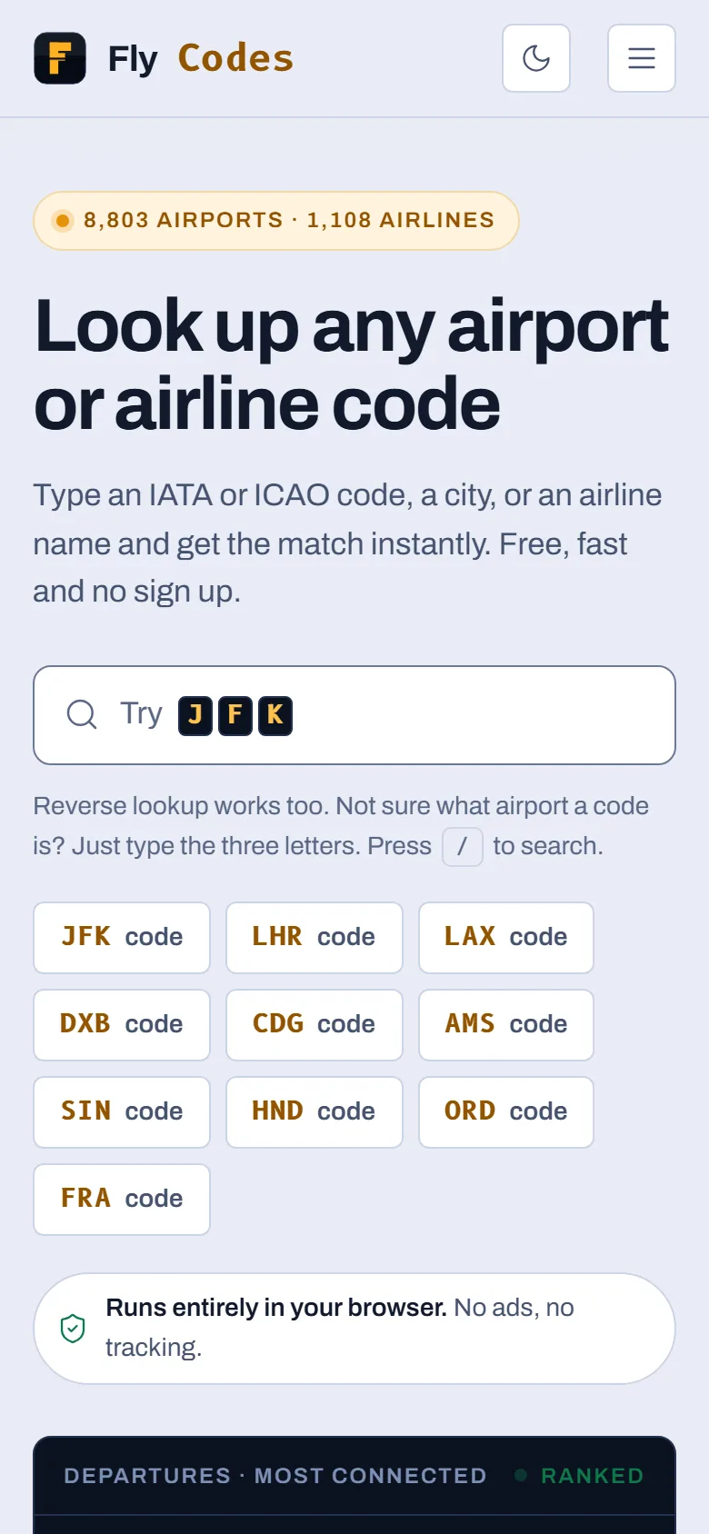 Homepage van FlyCodes op mobiel