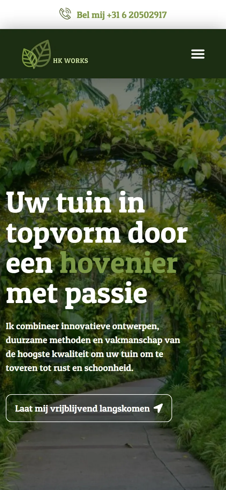 Homepage van HK Works Groenservice op mobiel
