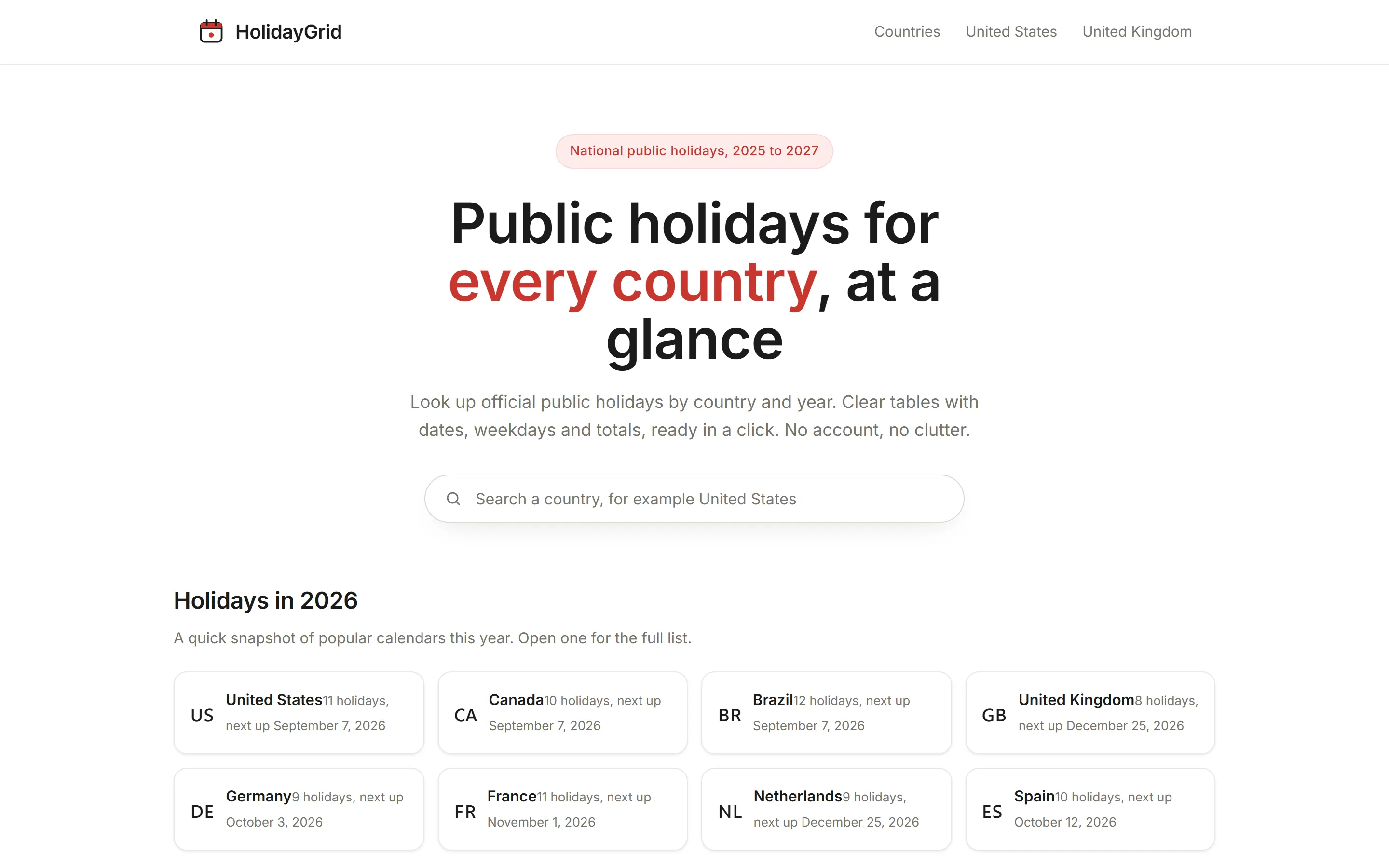 Homepage van HolidayGrid met landenzoeker op desktop