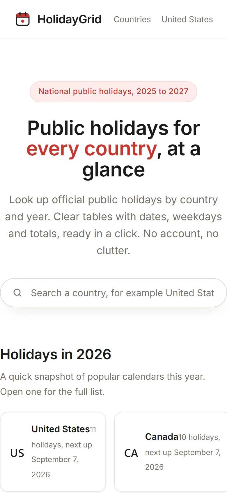 Homepage van HolidayGrid op mobiel
