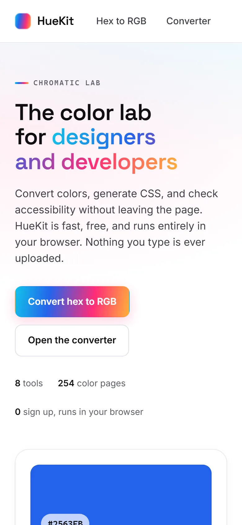 Homepage van HueKit op mobiel