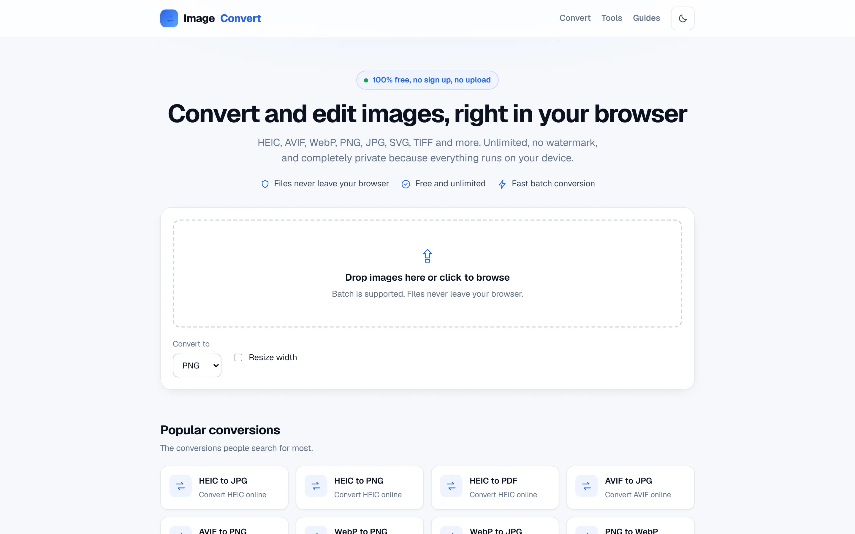 Homepage van ImageConvert op desktop
