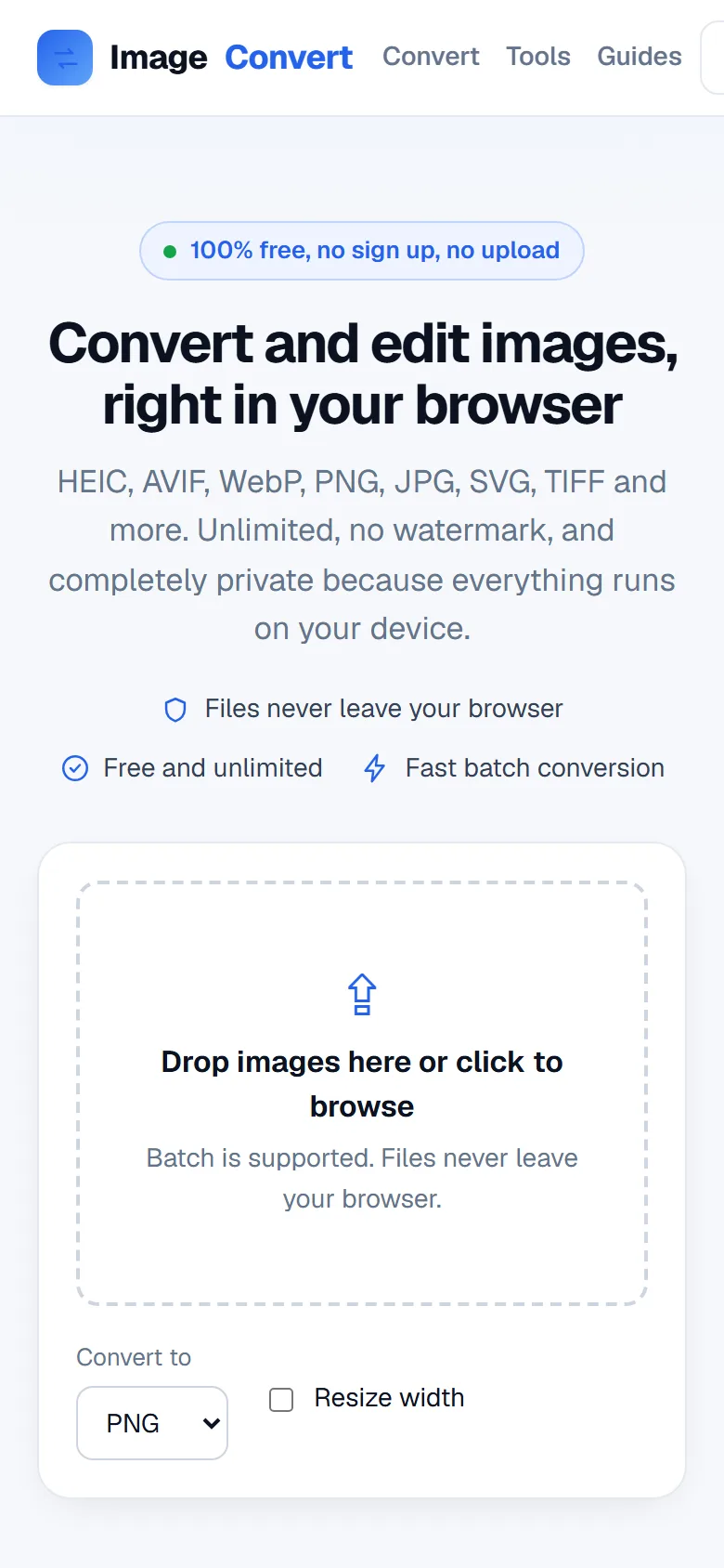Homepage van ImageConvert op mobiel