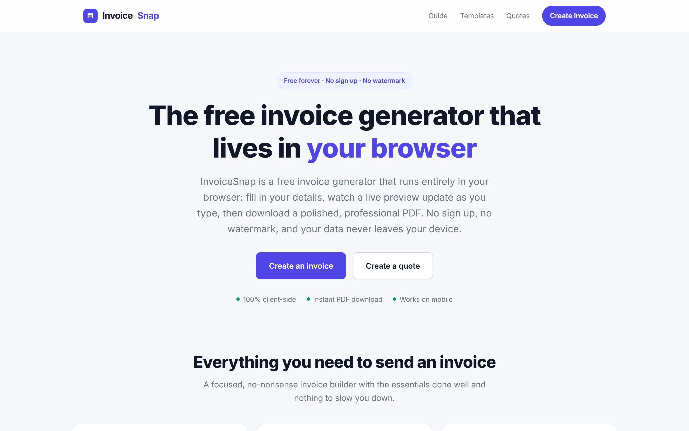 Homepage van InvoiceSnap op desktop