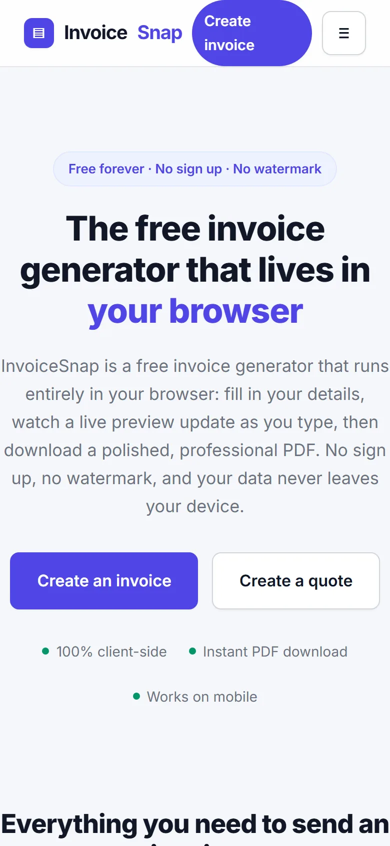 Homepage van InvoiceSnap op mobiel