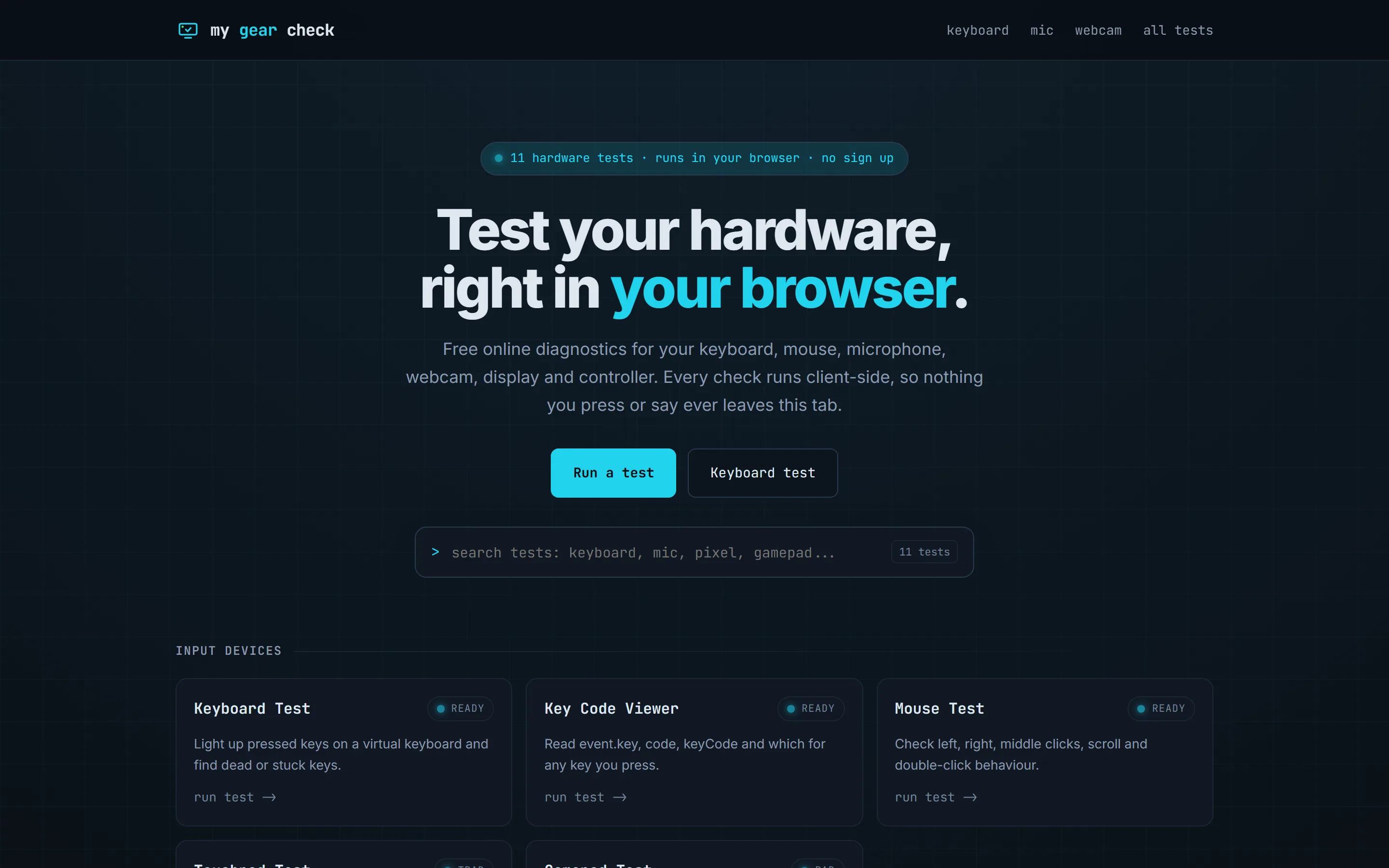 Homepage van MyGearCheck op desktop