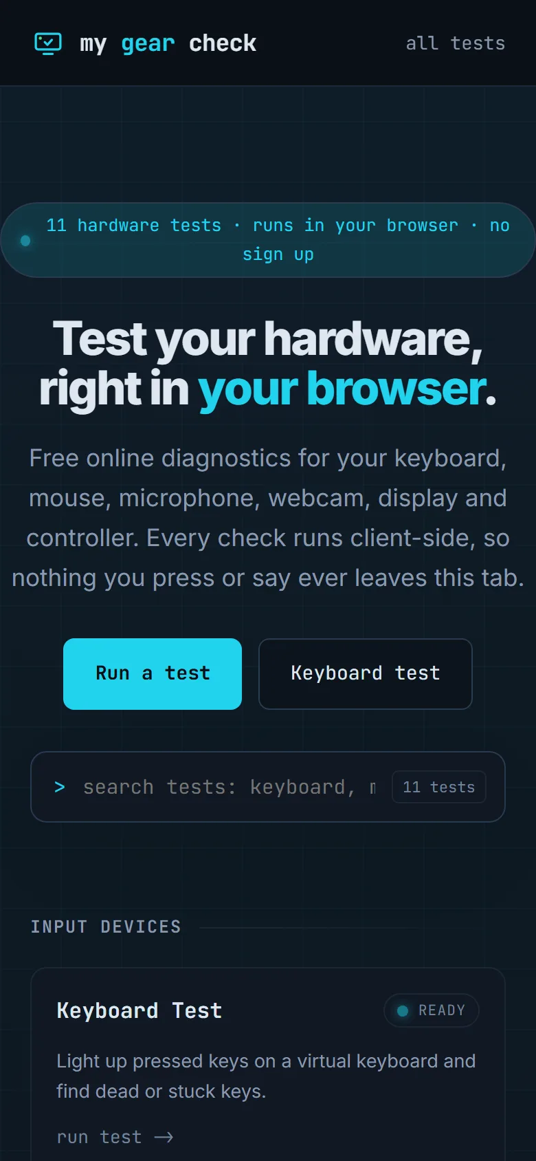 Homepage van MyGearCheck op mobiel