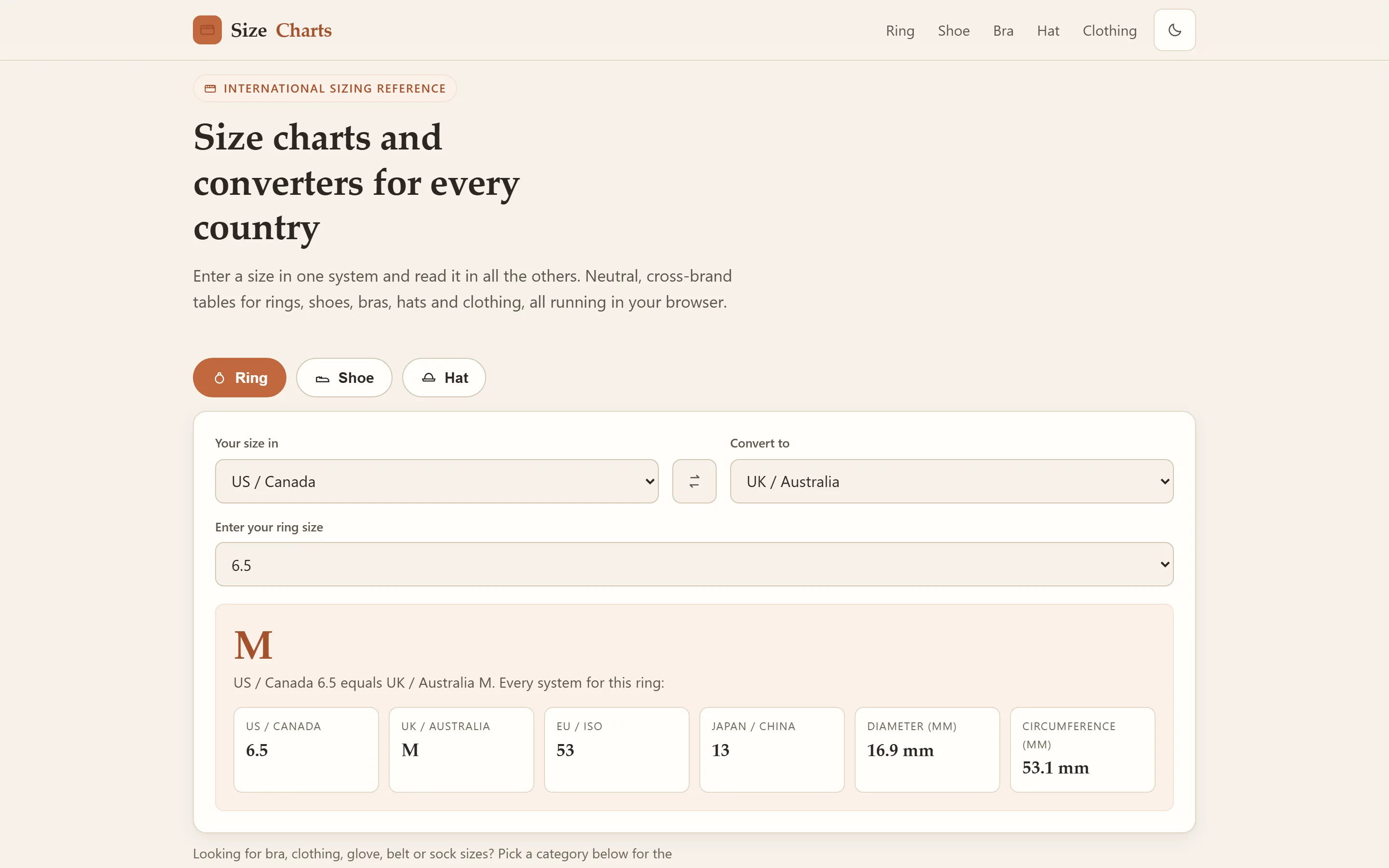 Homepage van SizeCharts met de maatconverter op desktop