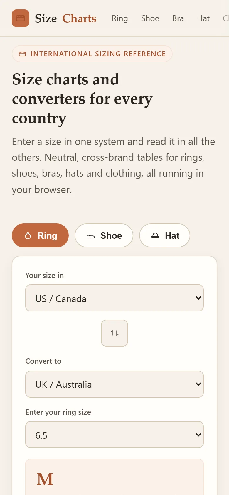 Homepage van SizeCharts op mobiel