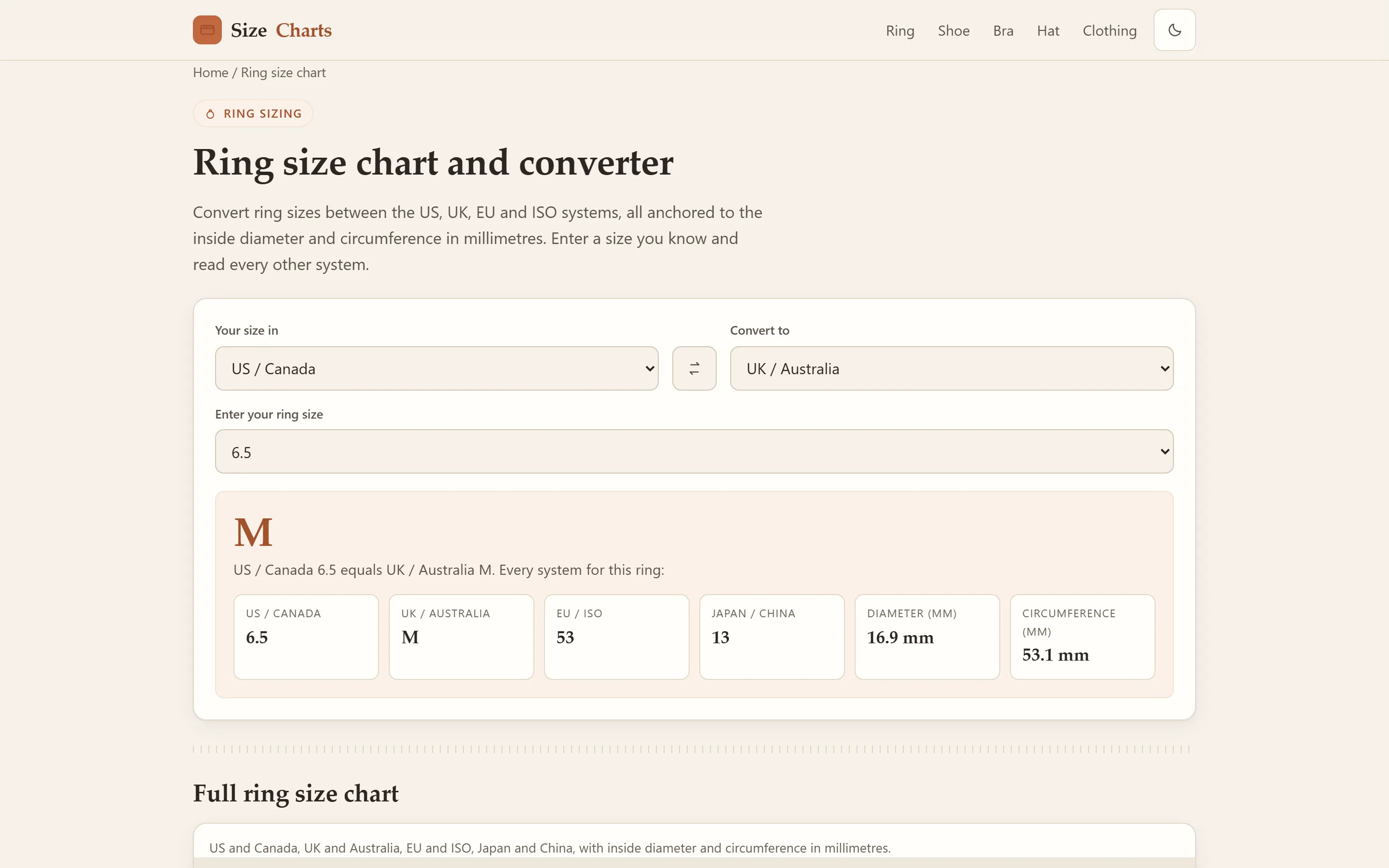 Ringmaatpagina met converter en internationale maatsystemen