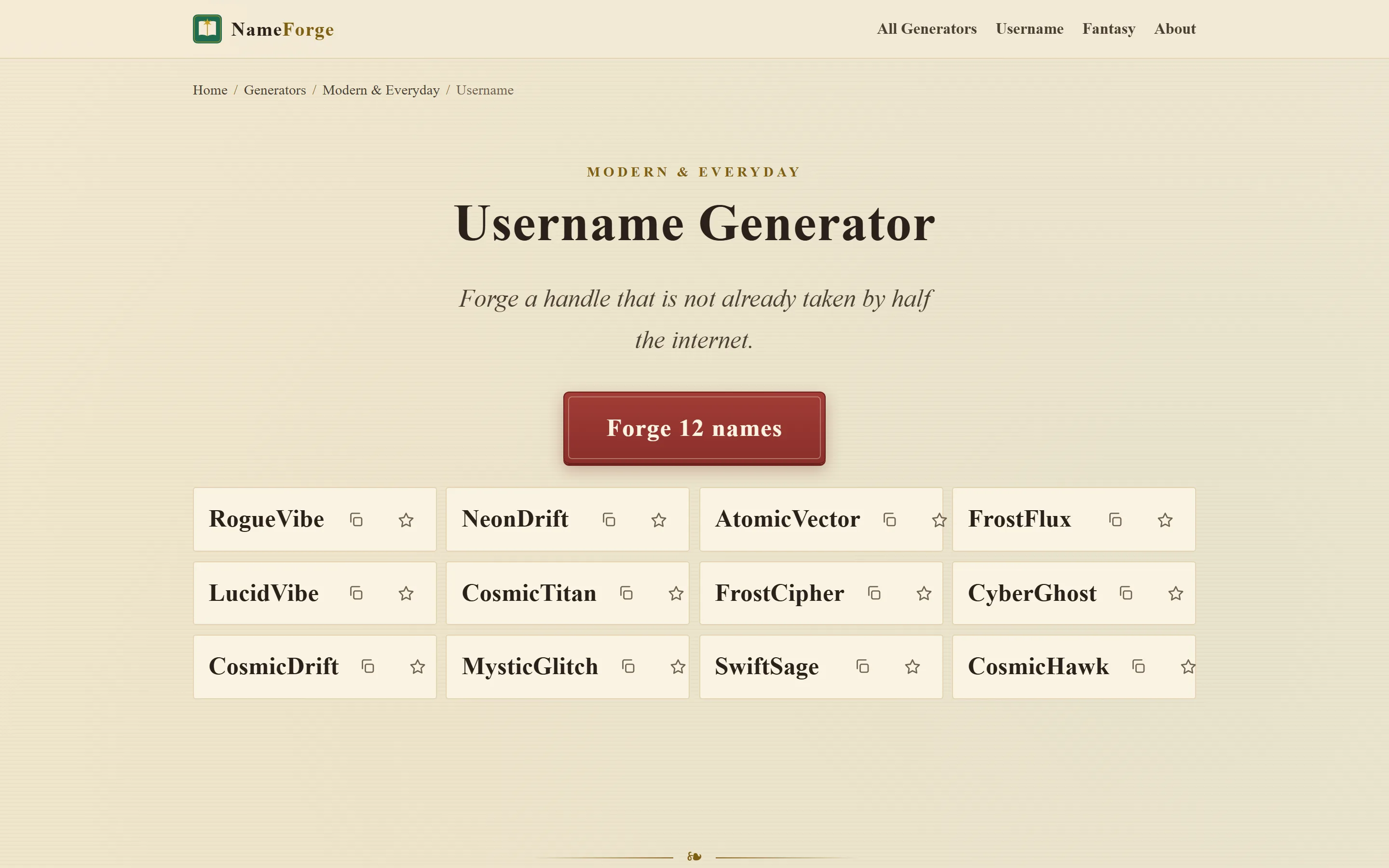 De username-generator van NameForge op desktop