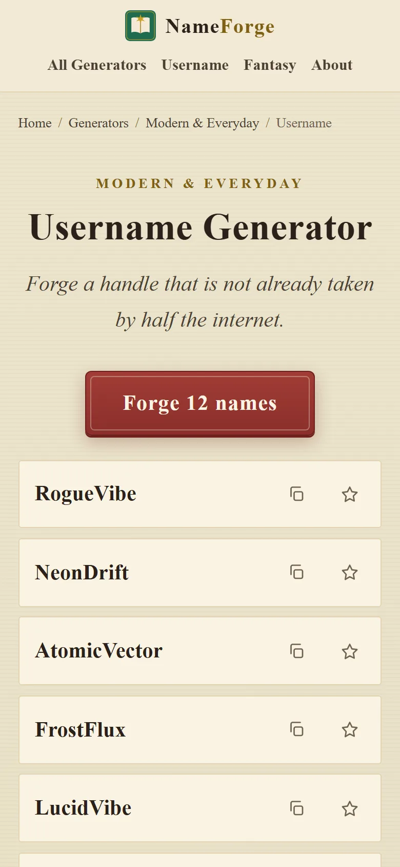 De username-generator van NameForge op mobiel