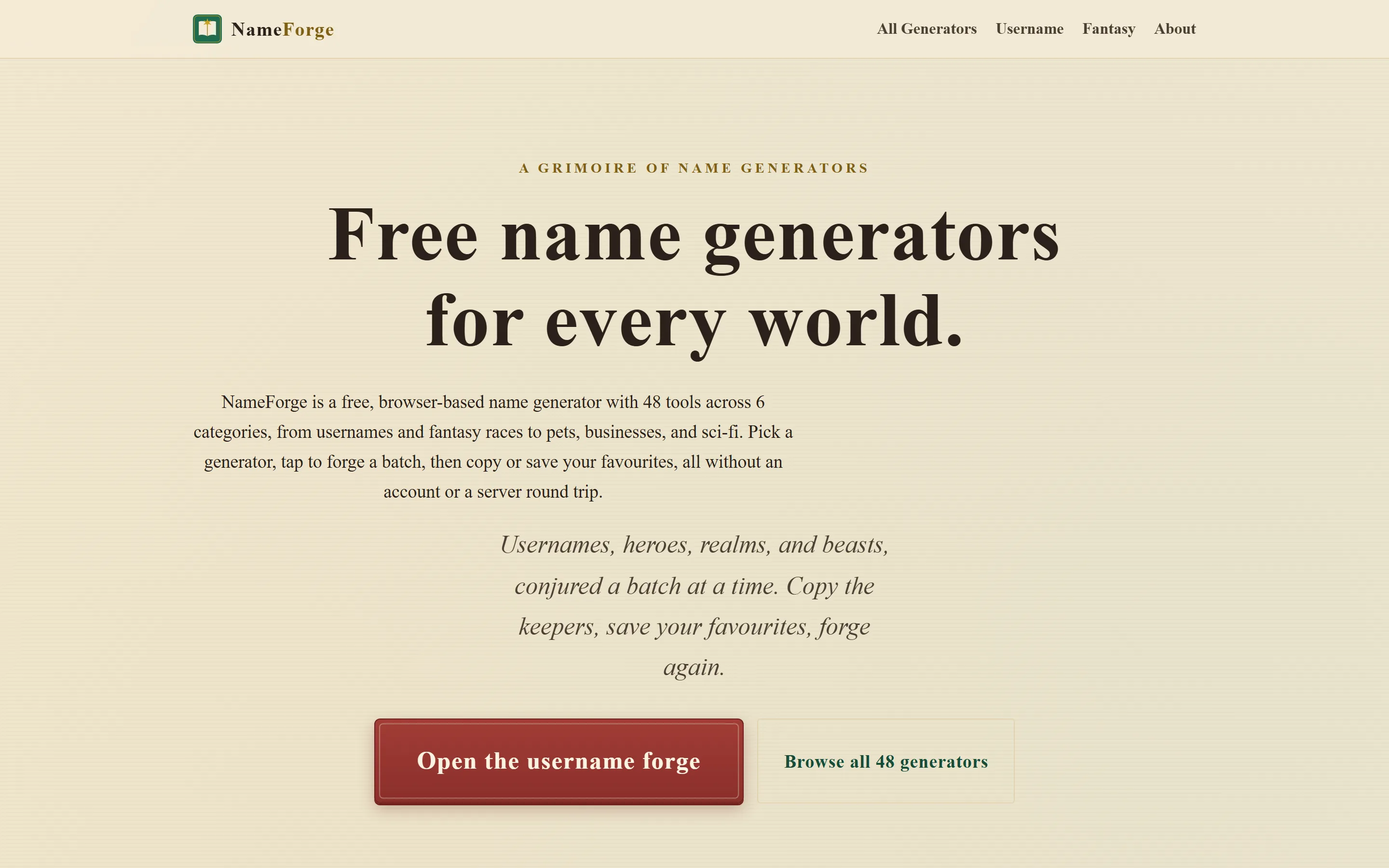 Homepage van NameForge op desktop