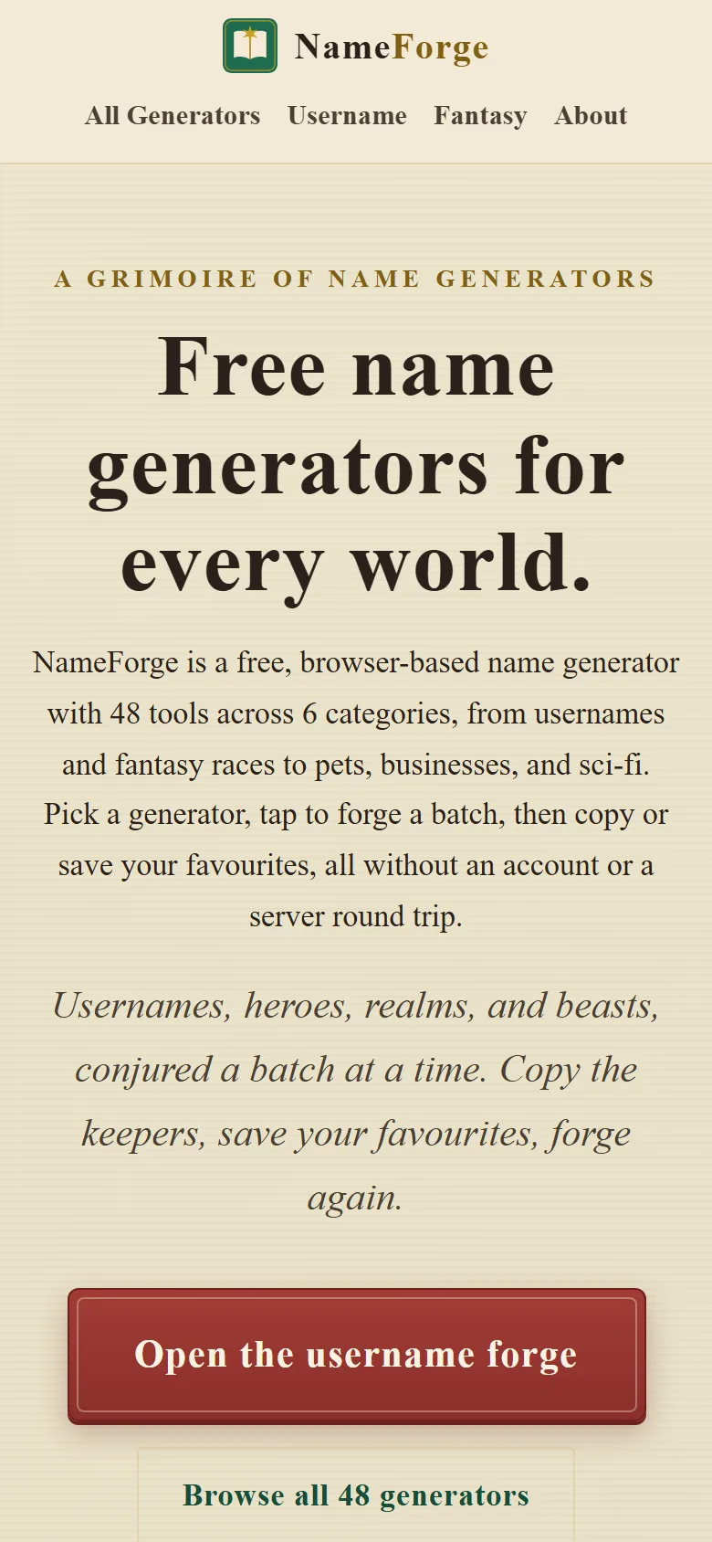 Homepage van NameForge op mobiel