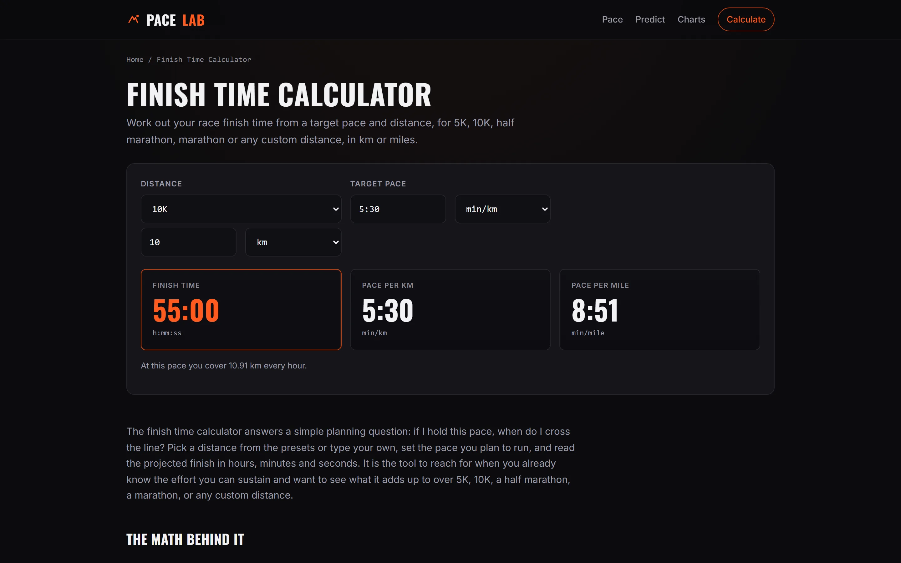 De finishtijdcalculator van PaceLab op desktop