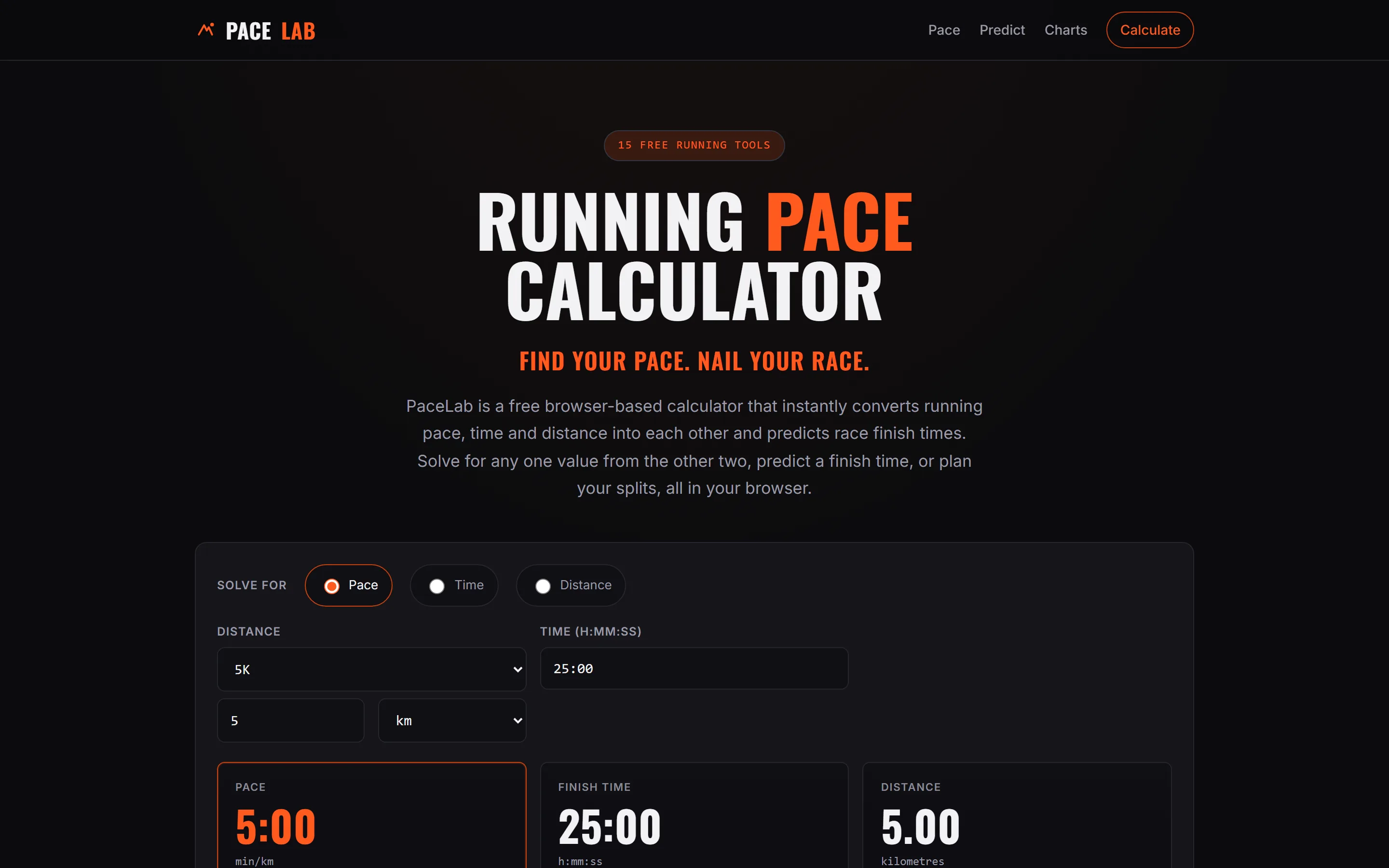 Homepage van PaceLab op desktop, met de pace-calculator direct bovenaan