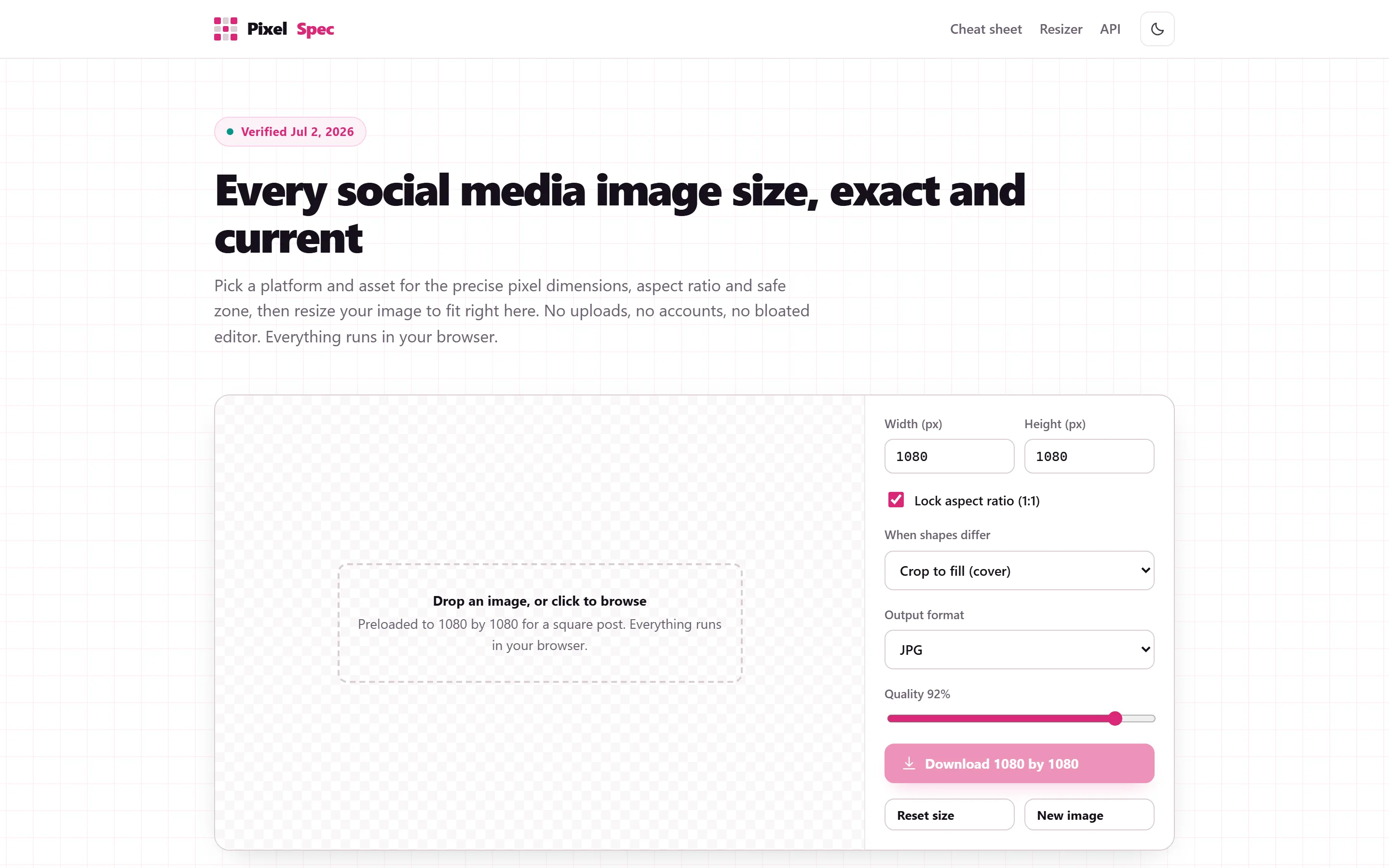 Homepage van PixelSpec op desktop, met de resizer direct bovenaan