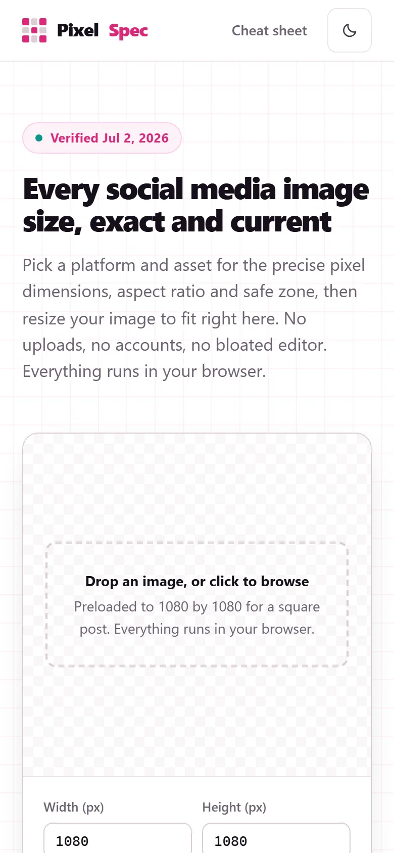 Homepage van PixelSpec op mobiel