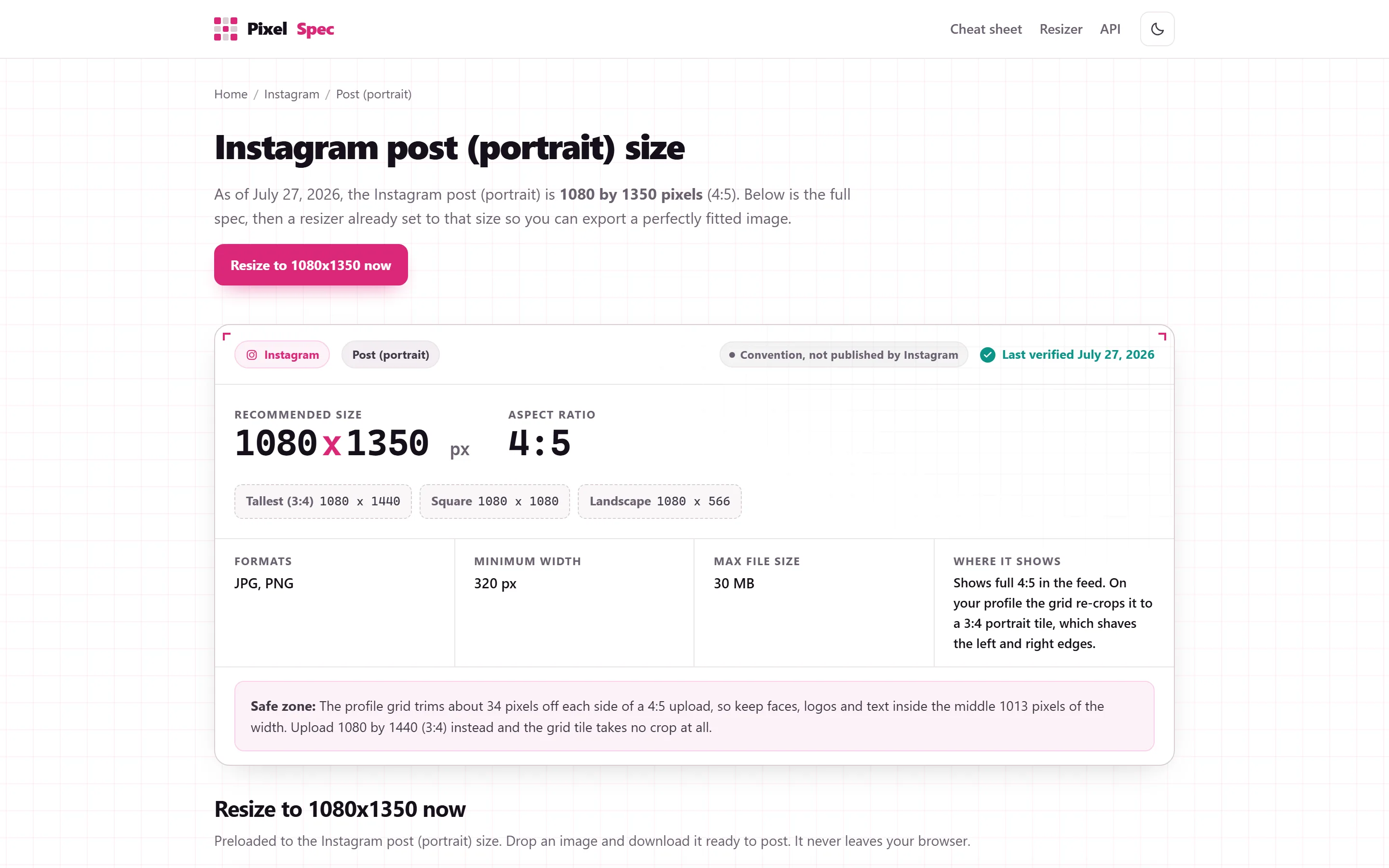 De Instagram-post-specpagina van PixelSpec op desktop