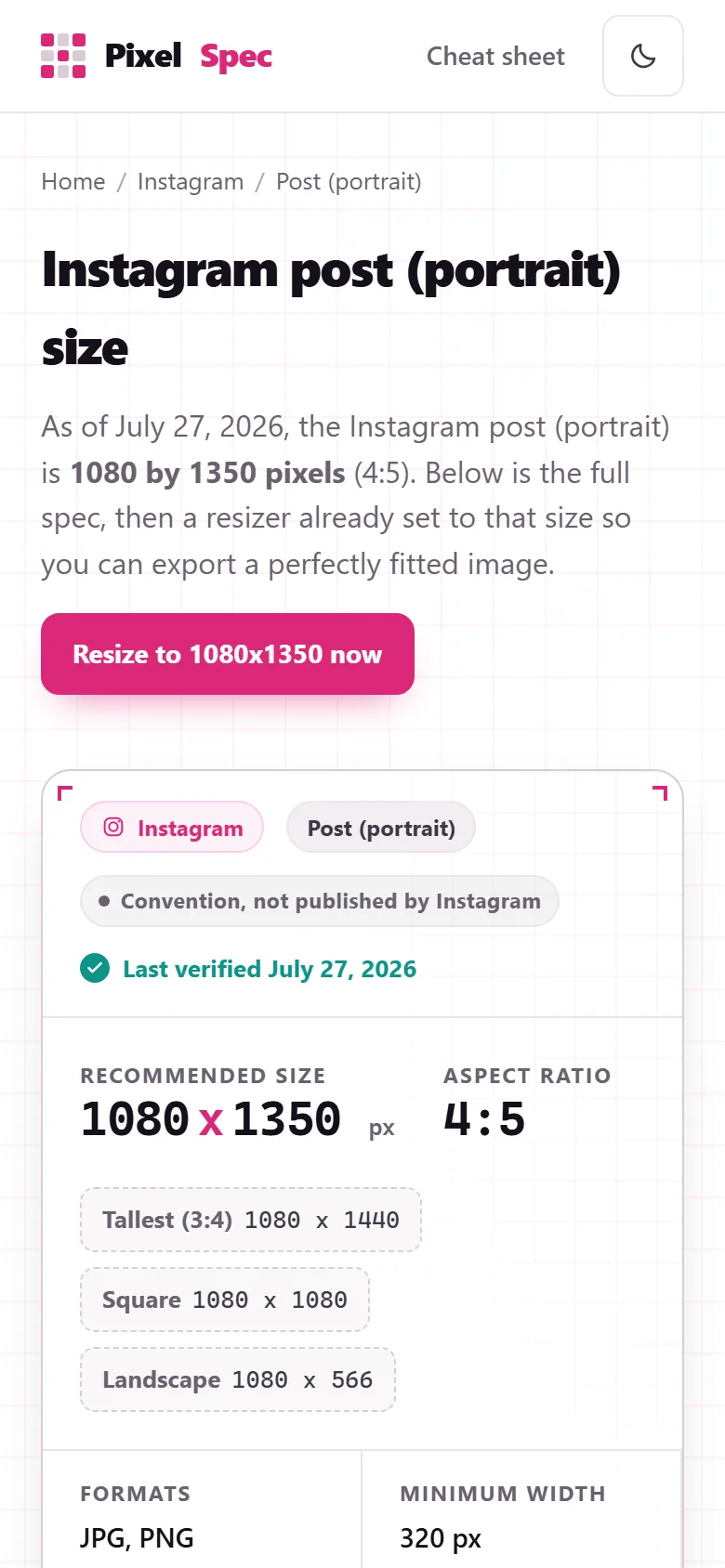 De Instagram-post-specpagina van PixelSpec op mobiel